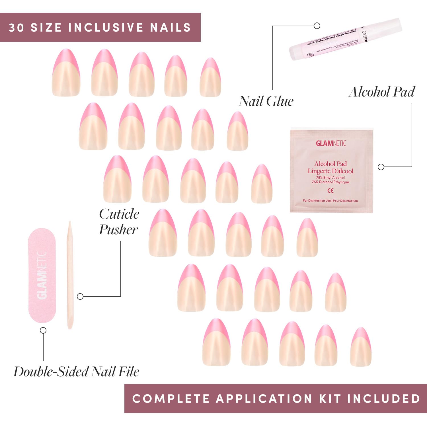 Glamnetic Press On Nails - Bubble Gum Glaze | Short Almond Pink French Tip Nails With A Glaze Finish | 15 Sizes - 30 Nail Kit Wi