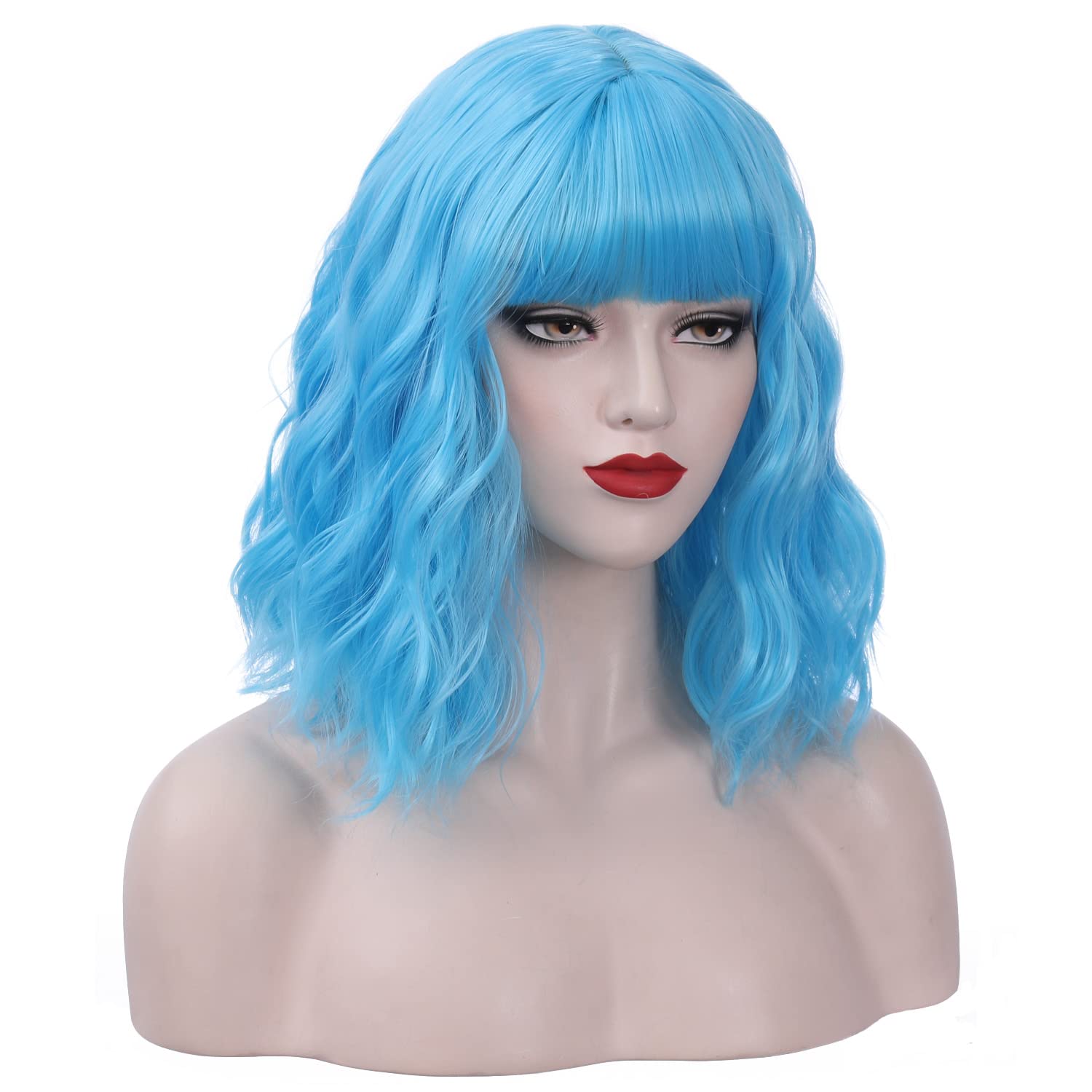 PATTNIUM 14 Inches Blue Wig Short Wavy Wig Sky Blue with Bangs Blue Bob Wig Women Girls Heat Resistant Synthetic Wig (Sky Blue)