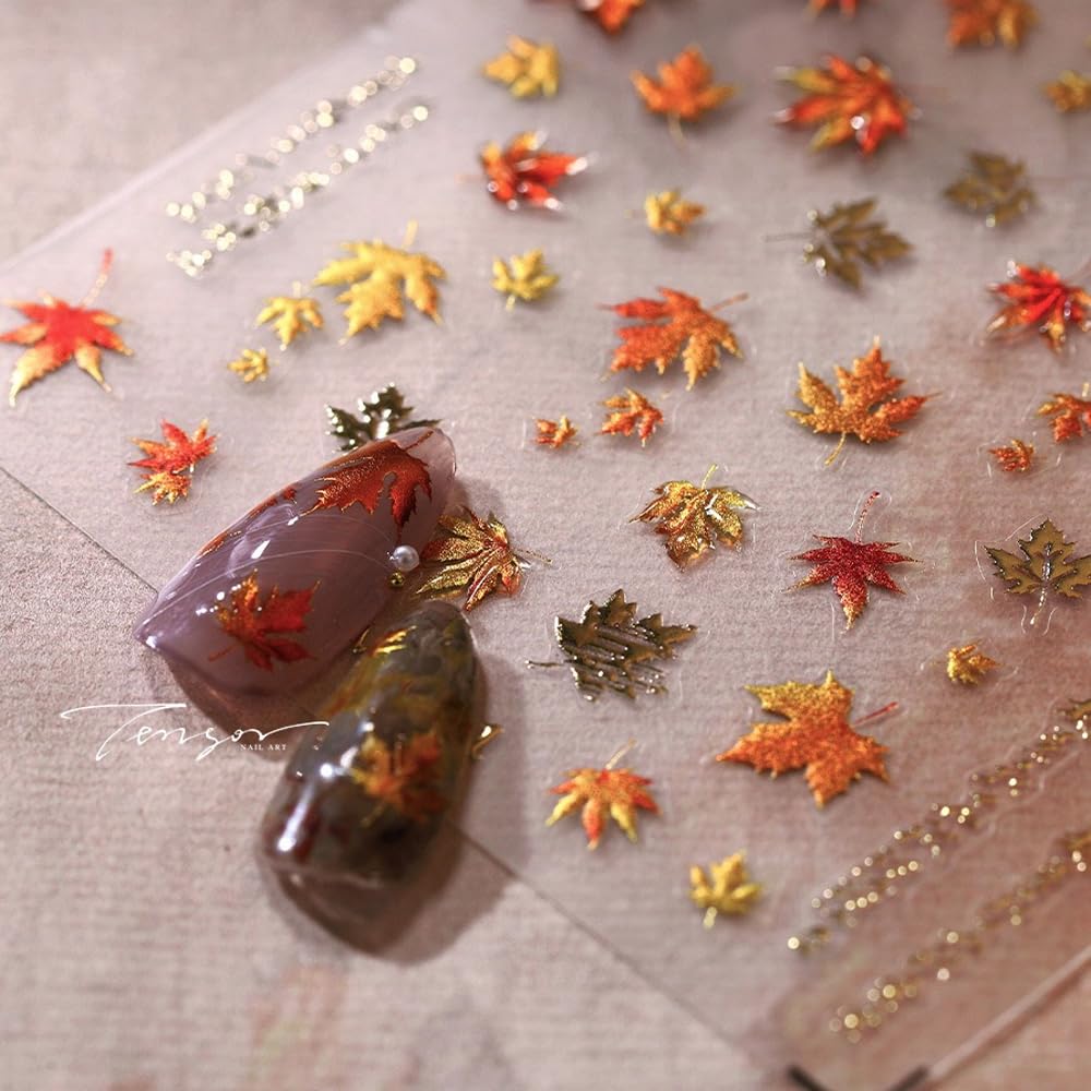 5D Embossed Autumn Maple Leaves Nail Stickers For Nail Art Thanksgiving Day Nail Art Stickers Fall Nail Decals Self-Adhesive Gol