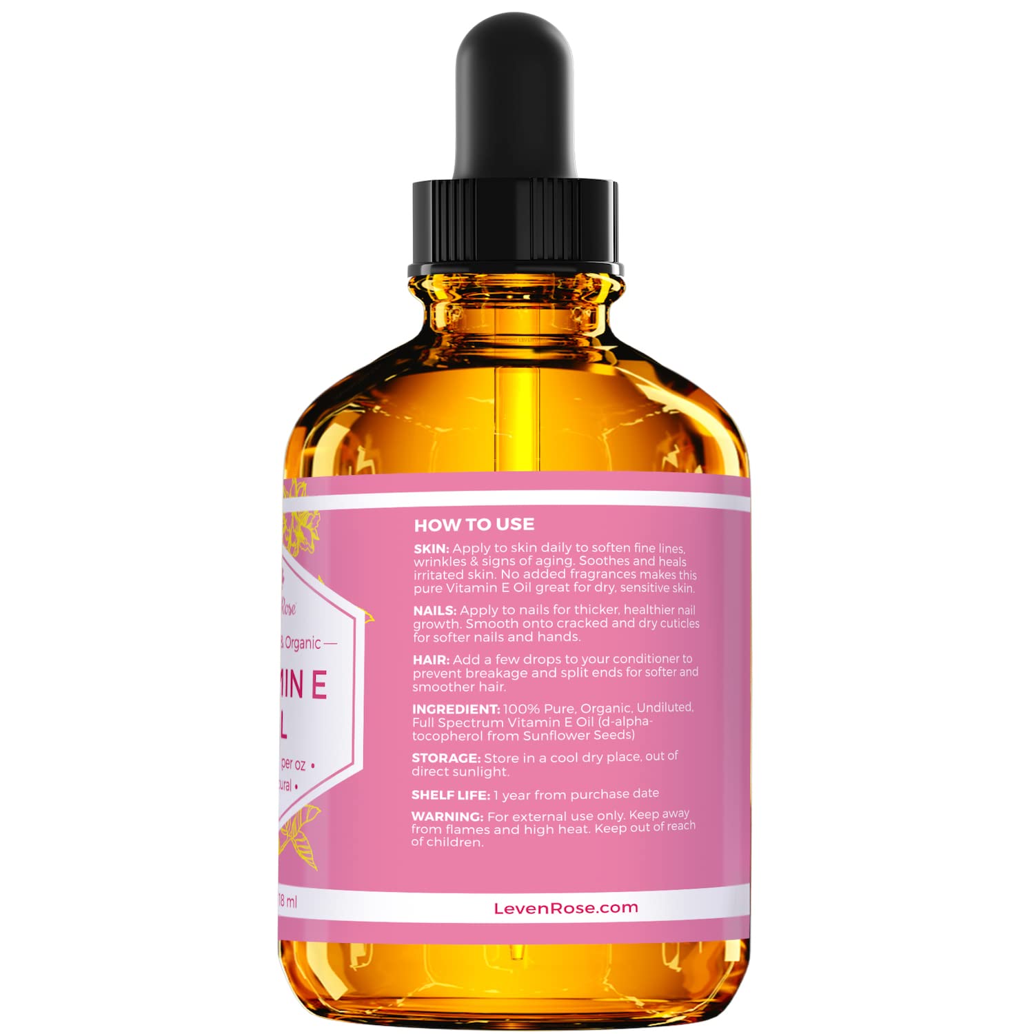 Leven Rose Pure Vitamin E Oil 75,000 Iu Per Oz 100% Natural, Organic For Skin, Face, Hair, Nails, And Scars, 4 Oz