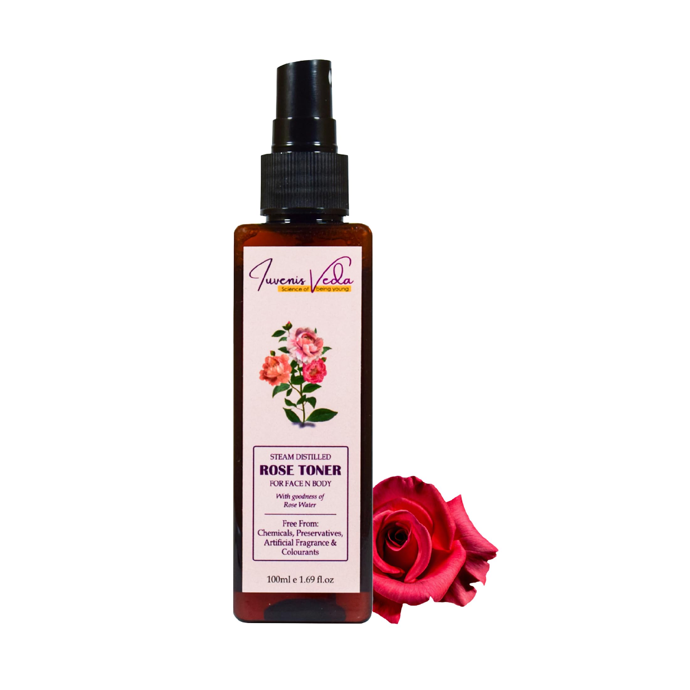 Iuvenis Veda Organics Steam Distilled Rose Water (Gulab Jal) Facial Toner - Natural Hydrating Face Mist For Glowing & Refreshed 