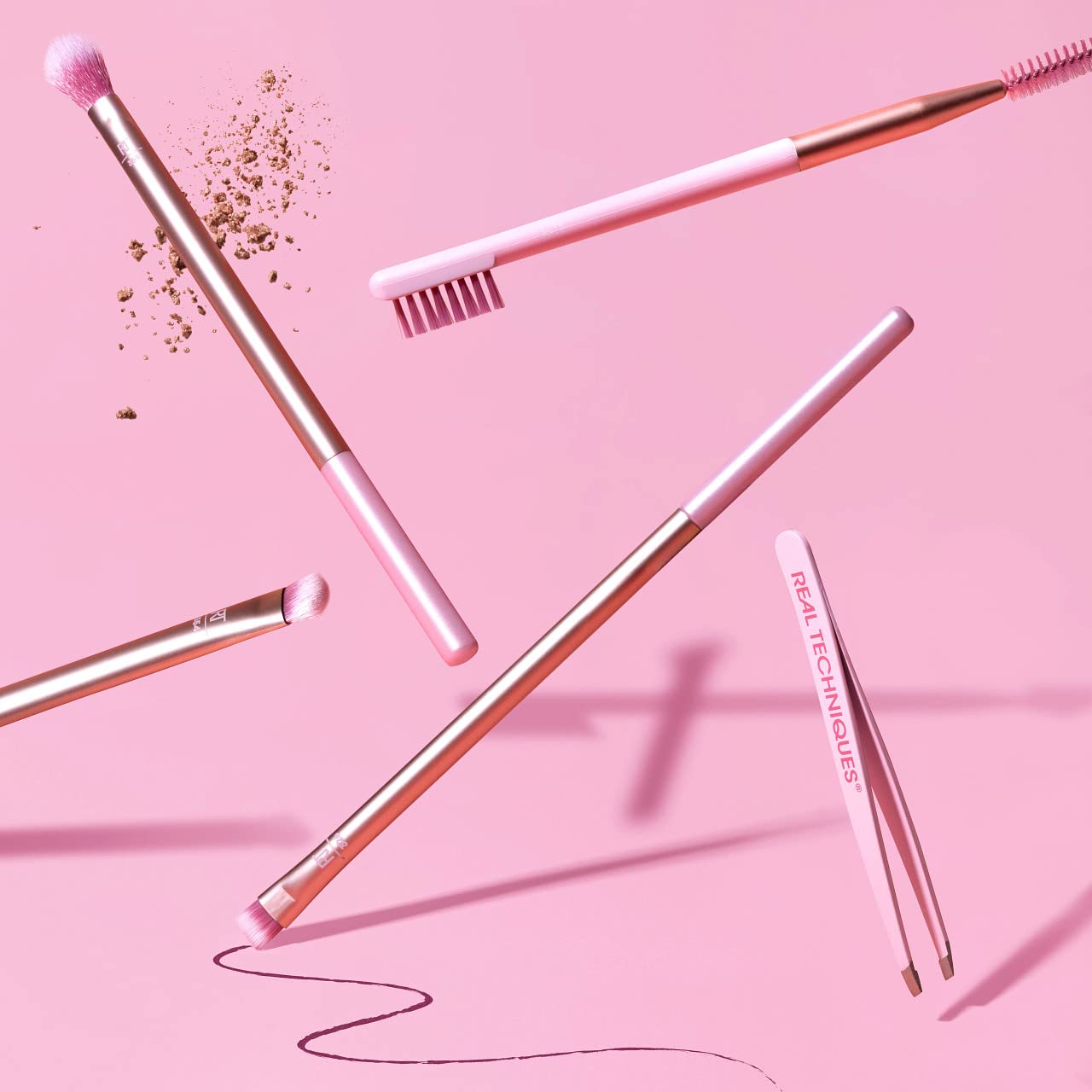 Naturally Beautiful Eye Set By Real Techniques For Women - 5 Pc Tapered Shadow Brush - 355, Brow Highlighter Brush - 354, Flat L