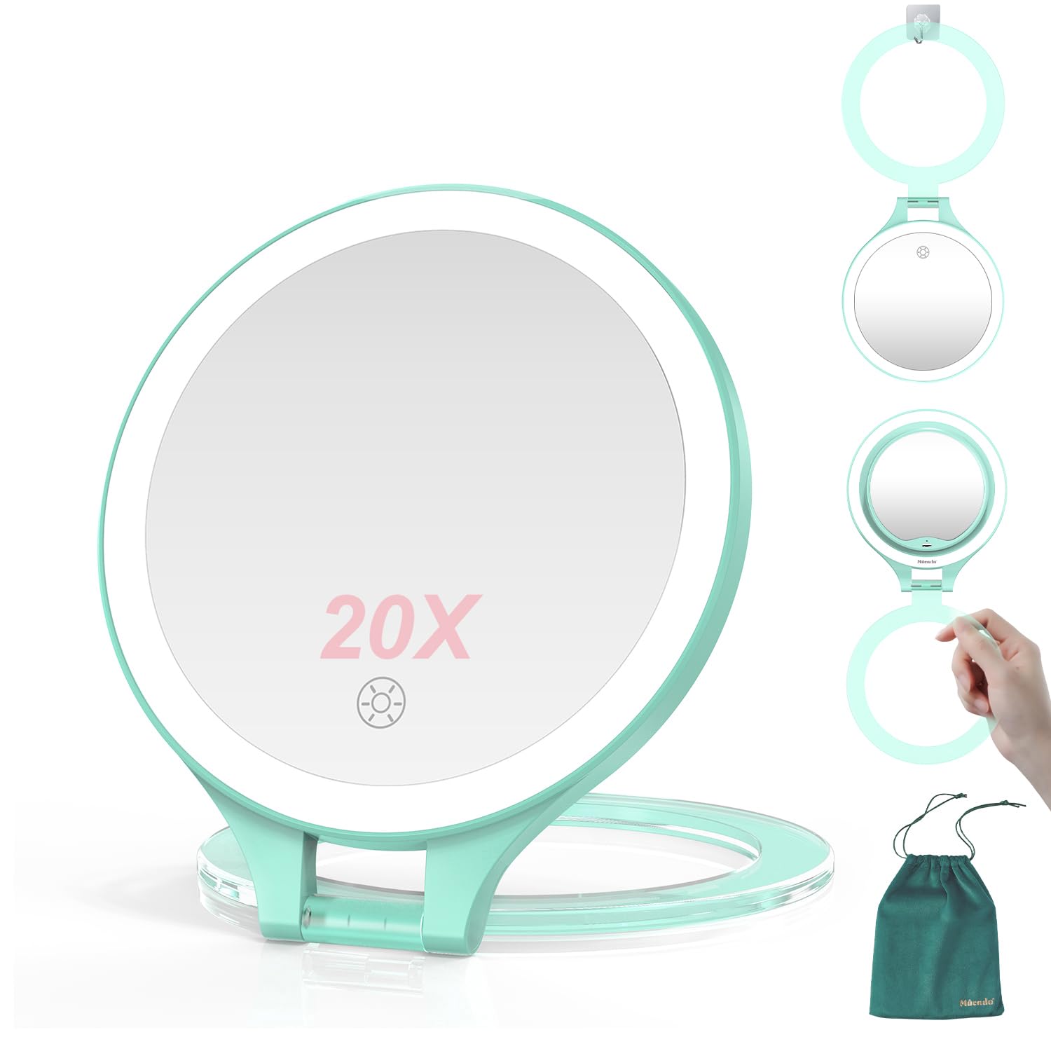 Mocado Travel Makeup Mirror with Light, 1X/20X Magnifying, Double Sided, 3 Color Light, Dimmable Touch, Rechargeable, Tabletop S