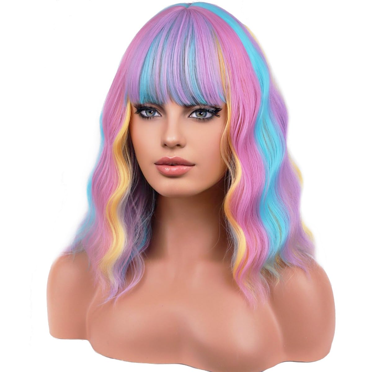 PATTNIUM 14 Inches Rainbow Wig Short Wavy Wig Pastel Rainbow Wig with Bangs Multi Color Wig for Women Girls Heat Resistant Synth