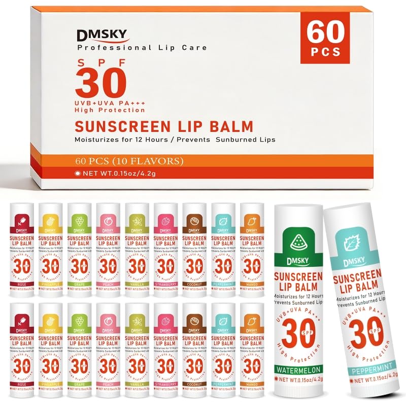DMSKY SPF 30 Sunscreen Lip Balm, Lip Sunscreen Travel Size 60 Pack, Clear No White Cast Sun Protection Lip Care with Vitamin E, 