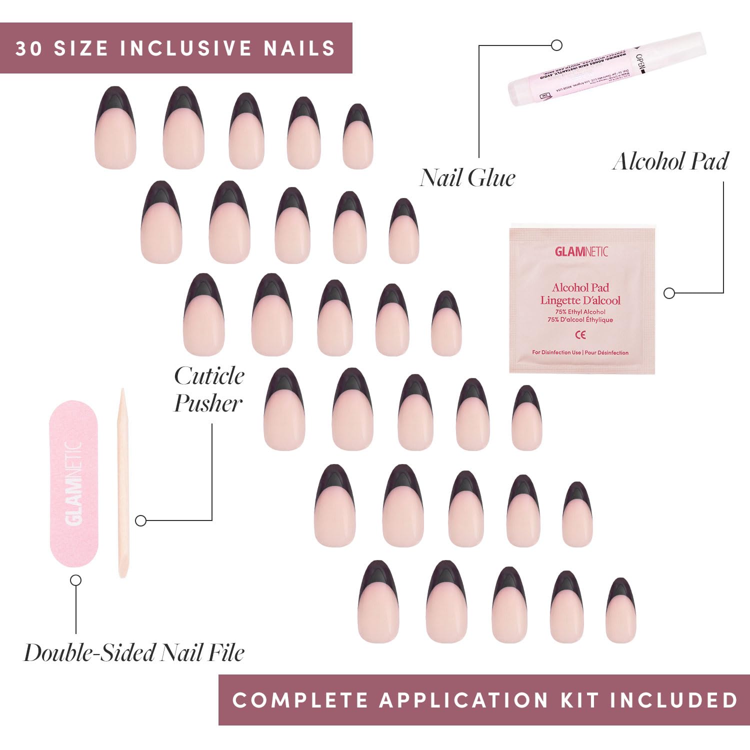 Glamnetic Press On Nails - Caviar  Semi-Transparent, Short Almond Nails, Reusable  15 Sizes - 30 Nail Kit With Glue
