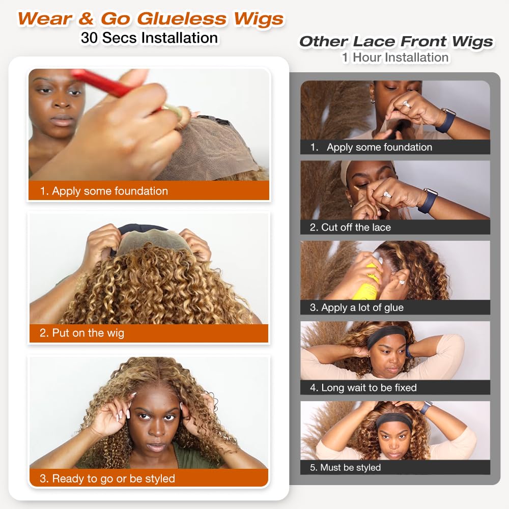 Smilegirl Highlight Glueless Bob Wig Human Hair Pre Plucked Pre Cut, P4/27 Ombre Honey Blonde Curly Human Hair Wig Glueless Wear