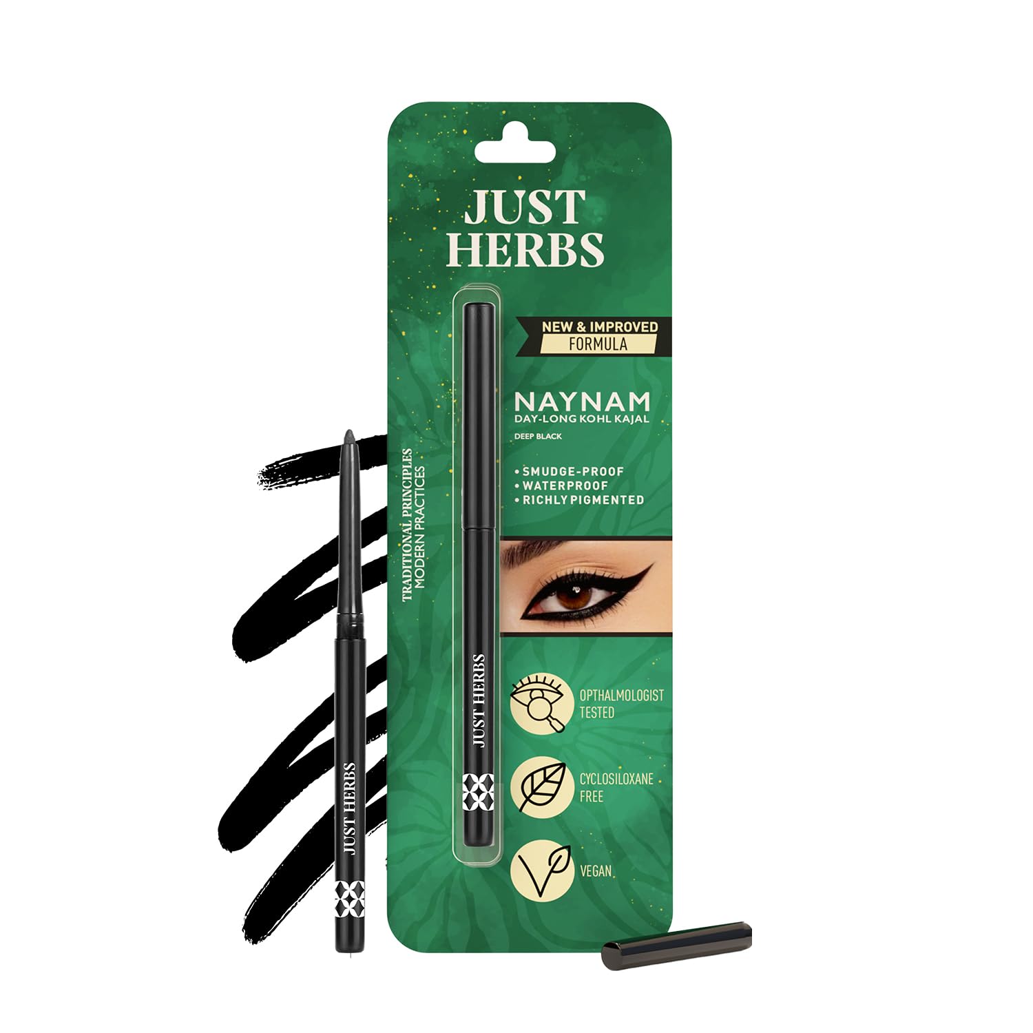 Just Herbs Naynam Day-Long Kajal - Deep Black | With Vitamin E | Eye Makeup | Cyclosiloxane-Free | Smudgeproof & Waterproof | Lo