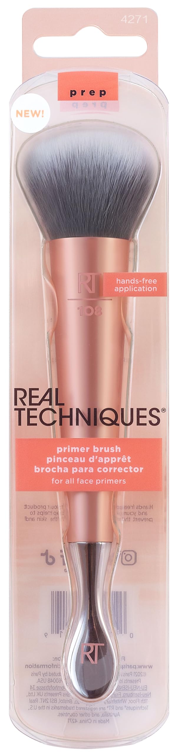 REAL TECHNIQUES Dual-Ended Primer Facial Skincare Brush & Stainless Steel Scoop, 1 Count, Pink