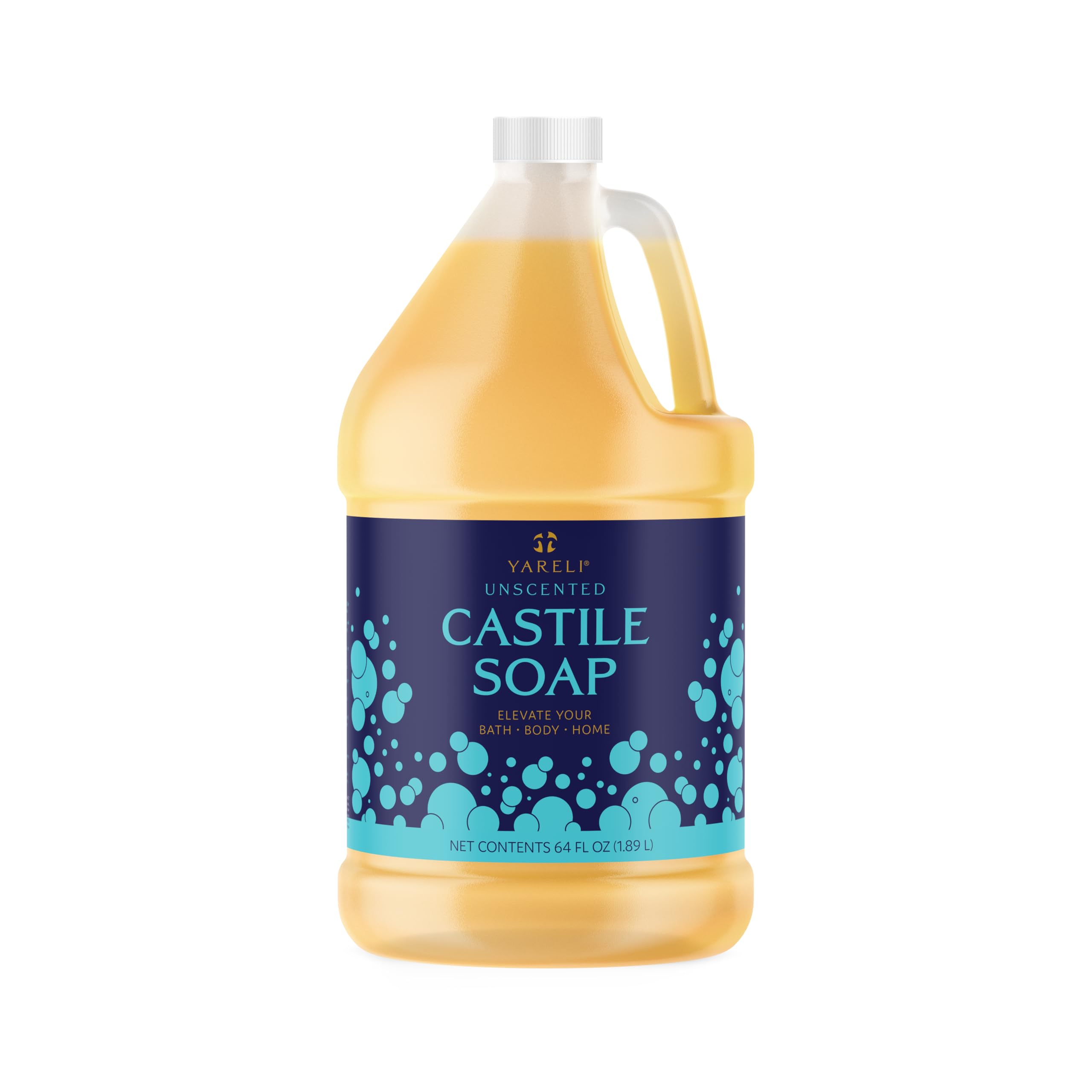 Yareli Pure Castile Liquid Soap, Unscented, With All Organic Oils For Adults, Kids And Babies For Bath, Body And Home, 64Oz