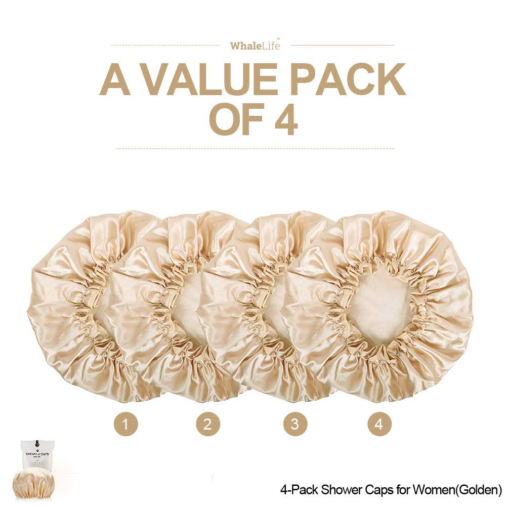Shower Cap For Women Reusable Extra Large Shower Cap For Men (Golden 4 Pack Large) Satin Double Layer Eva Waterproof Long Hair C