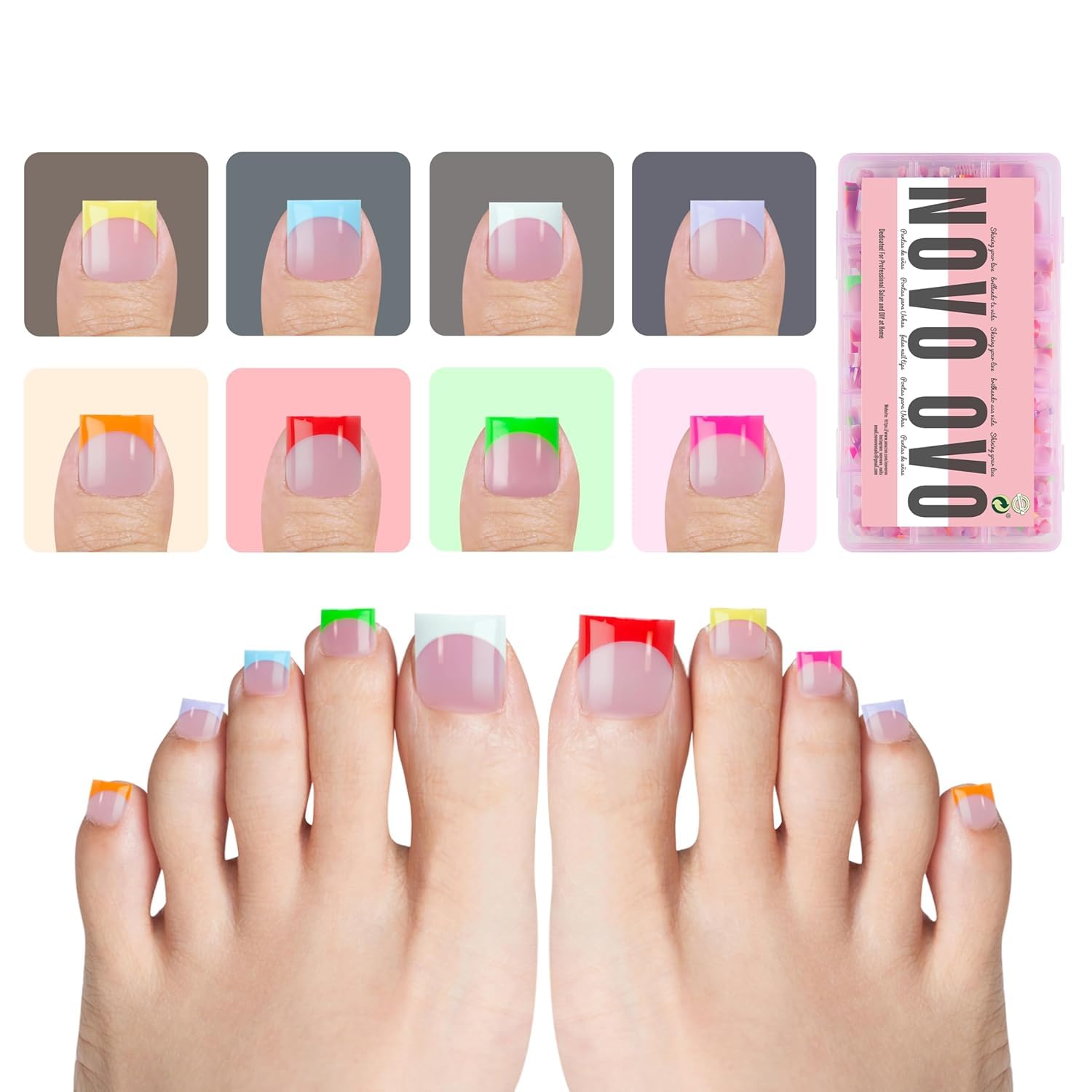 NOVO OVO French Tip Toe Nail Tips 8 MIXED SUMMER COLOR, Sharp Square Soft Gel False Toenail Extension, Need Builder Gel & Top Co
