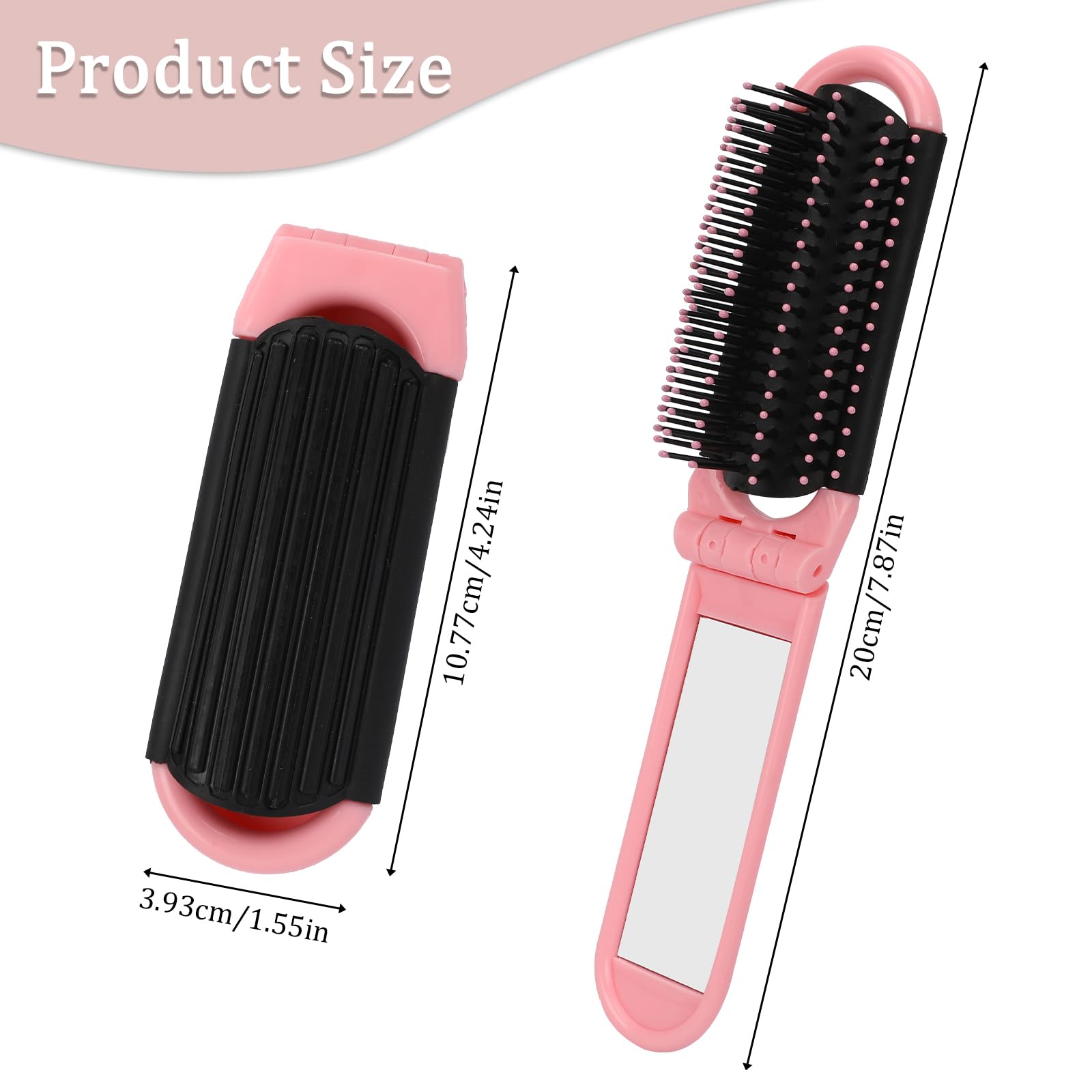 Folding Travel Hair Brush With Mirror, Massage Comb, And Styling Tool - Compact 2 Pack (Black & Pink)