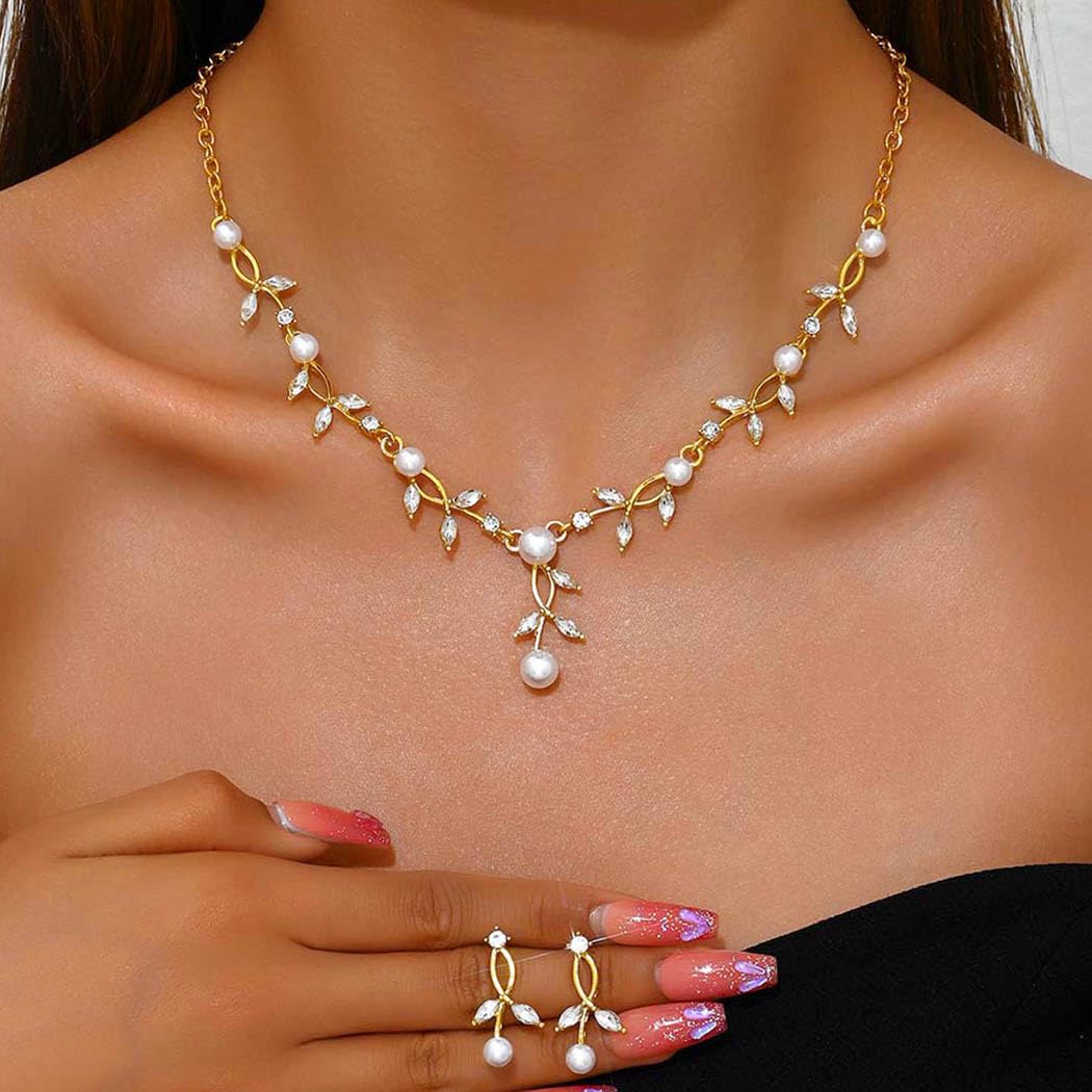 Unicra Gold Pearl Necklace Earrings Sets Rhinestone Bridal Wedding Jewelry Set Formal Prom Costume Jewelry Sets for Women and Br