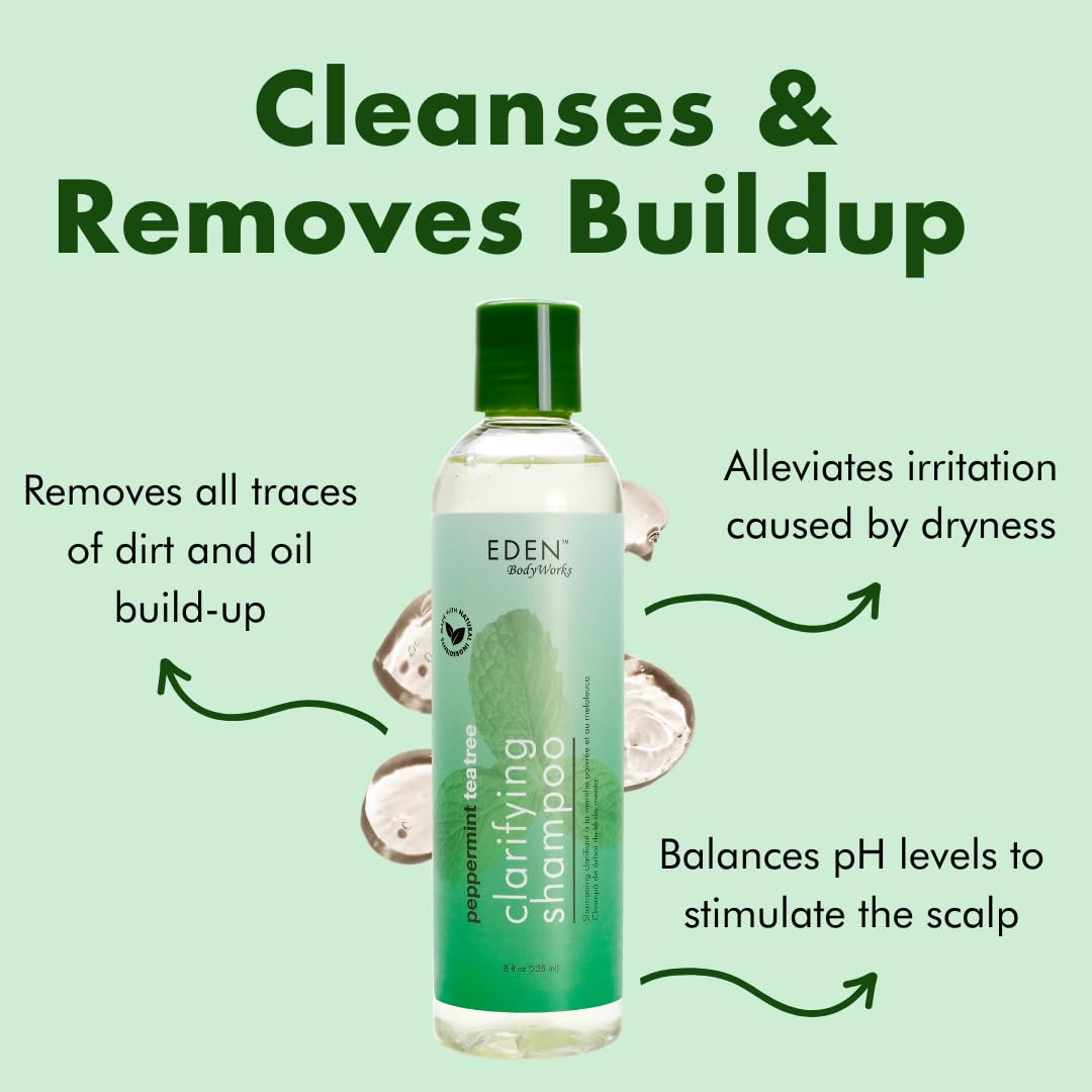 Eden Bodyworks Peppermint Tea Tree Clear Clarifying Shampoo For Oily Hair, Dry Hair, Curly Hair - Scalp Cleansing Shampoo For Bu