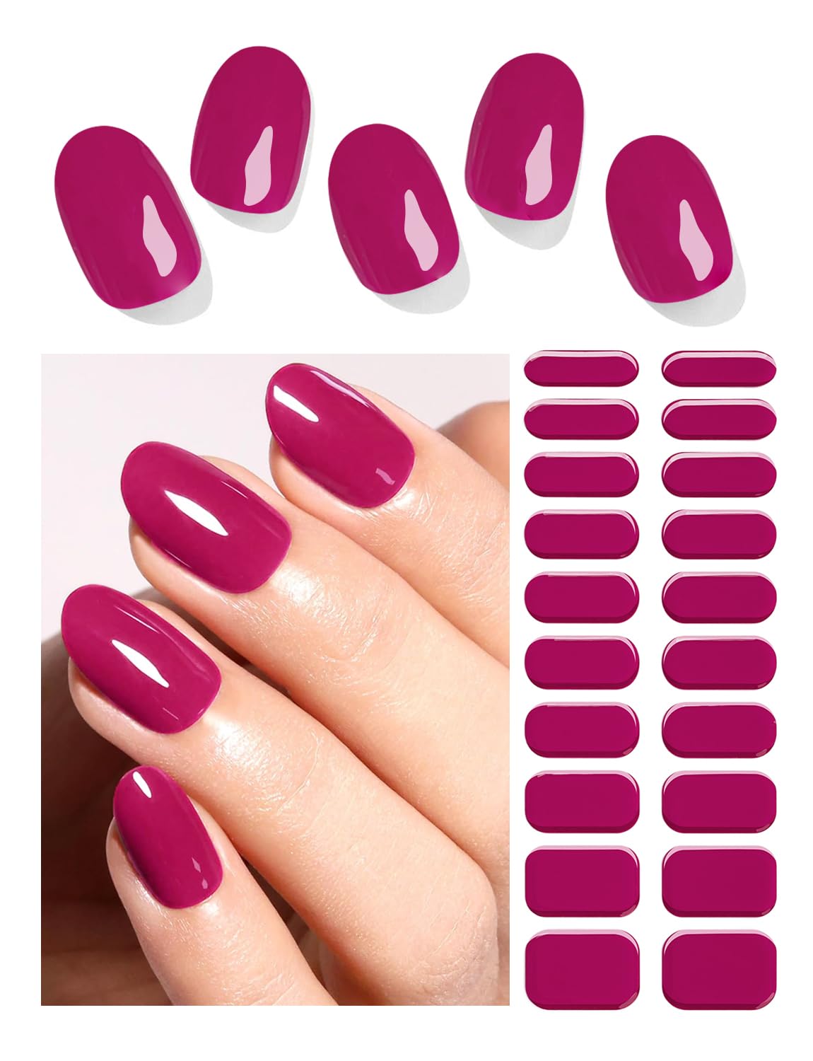 Semi Cured Gel Nail Strips, 20pcs Gel Nail Stickers UV, Semi Cured Gel Nail Wraps for Home Nails DIY (Red Plum)