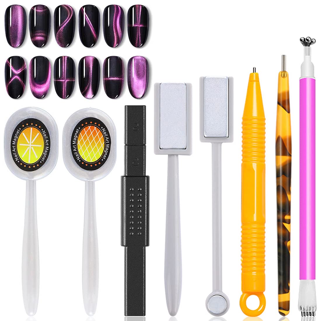 Xeaohesy 8 Pieces Nail Magnet Tool Set Double-Head Flower Design Nail Magnet Pens Animal Eye Magnetic Plate Multi-Function Magne