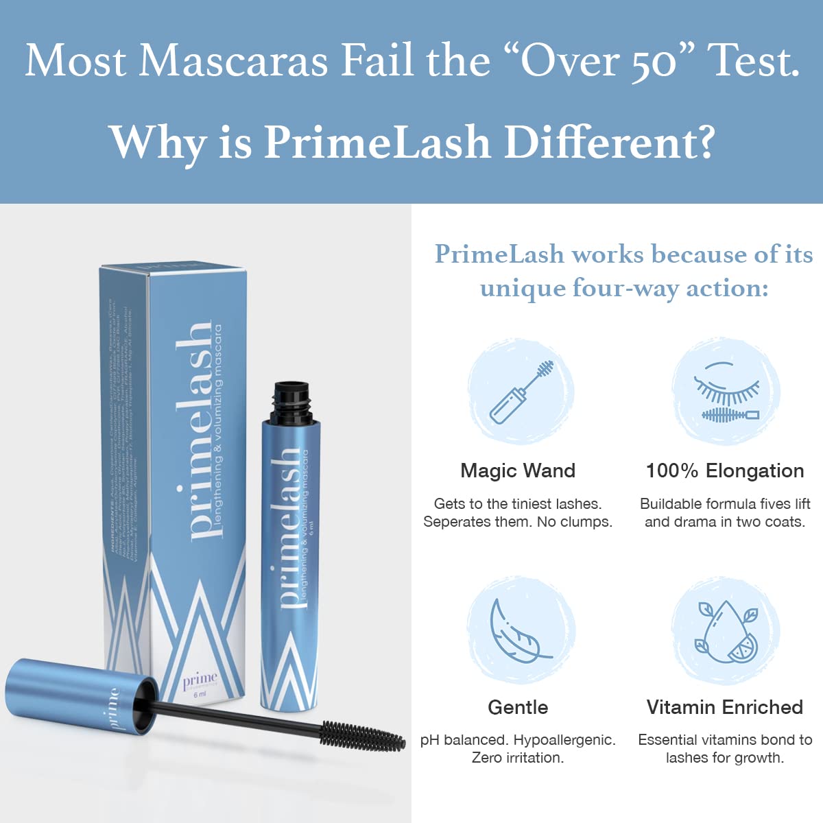 Prime Prometics Primelash Mascara For Women Over 50 - Volumizing, Incredible Length In 2 Coats - Long-Stay, Zero Clumps, Hypoall