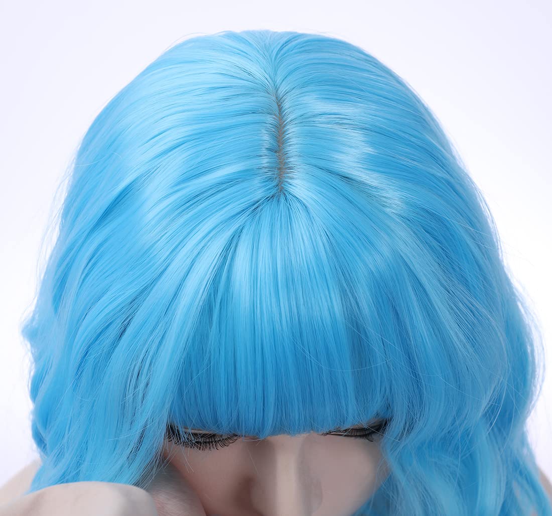 PATTNIUM 14 Inches Blue Wig Short Wavy Wig Sky Blue with Bangs Blue Bob Wig Women Girls Heat Resistant Synthetic Wig (Sky Blue)
