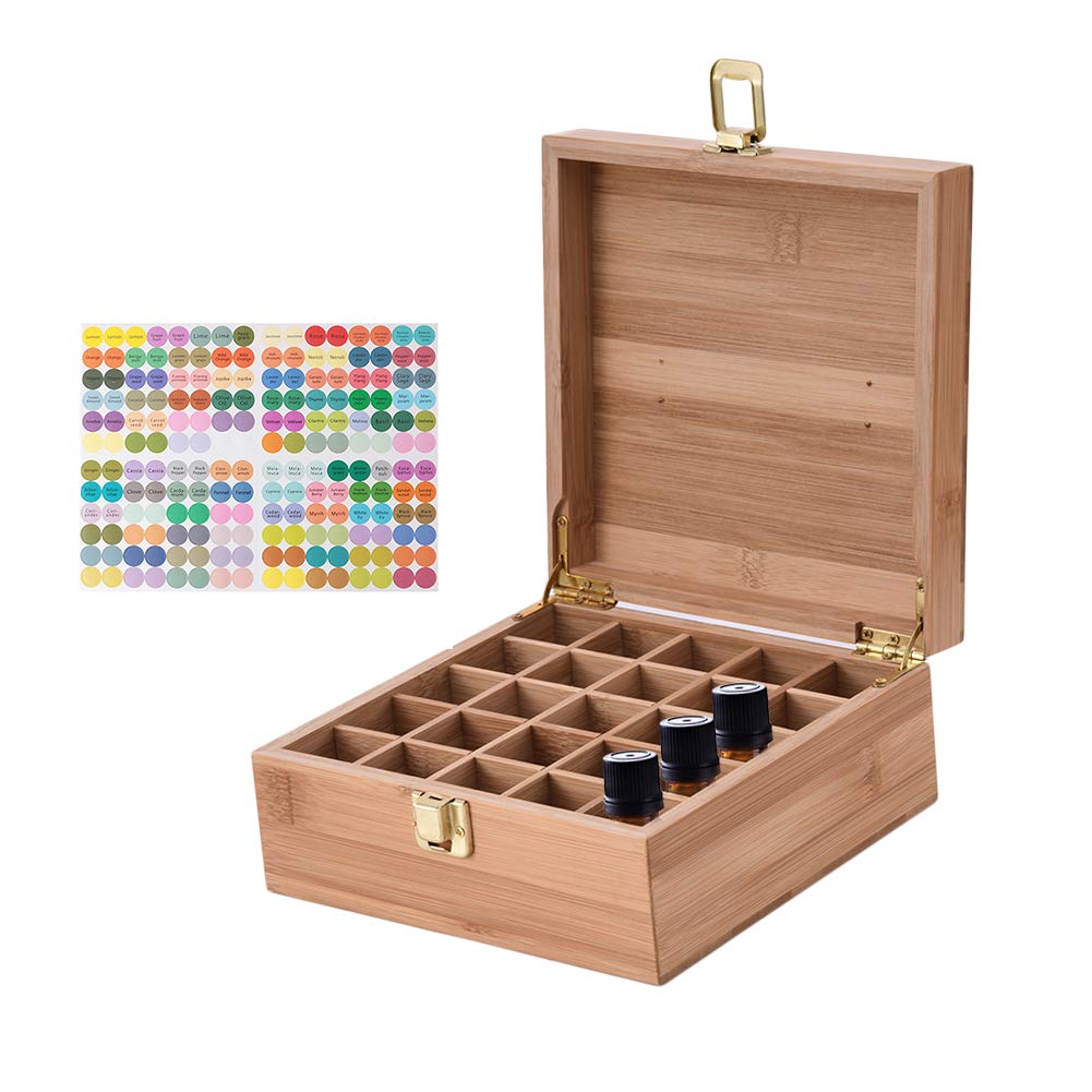 Pure Vie Essential Oil Bamboo Storage Box Travel Display Presentation, Holds 25 Bottles For 5, 10, 15Ml - Aromatherapy Organizer