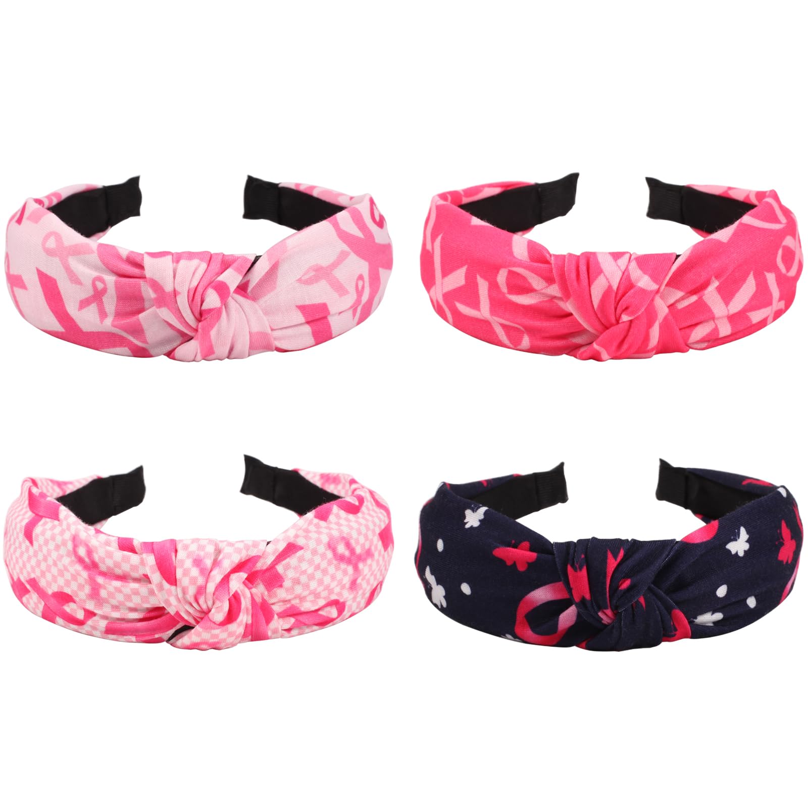 Ardorchid 4 PCS Breast Cancer Headbands Pink Ribbon Wide Knotted Hair Hoop for Women Workout Sports Yoga Running Tennis Breast C