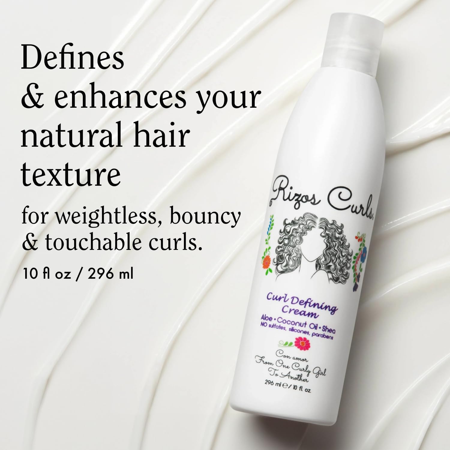 Rizos Curls Curl Defining Cream, Enhance Waves, Curls & Coils, Soft Hold Weightless Volume, Moisturizing Frizz-Free Shine With A