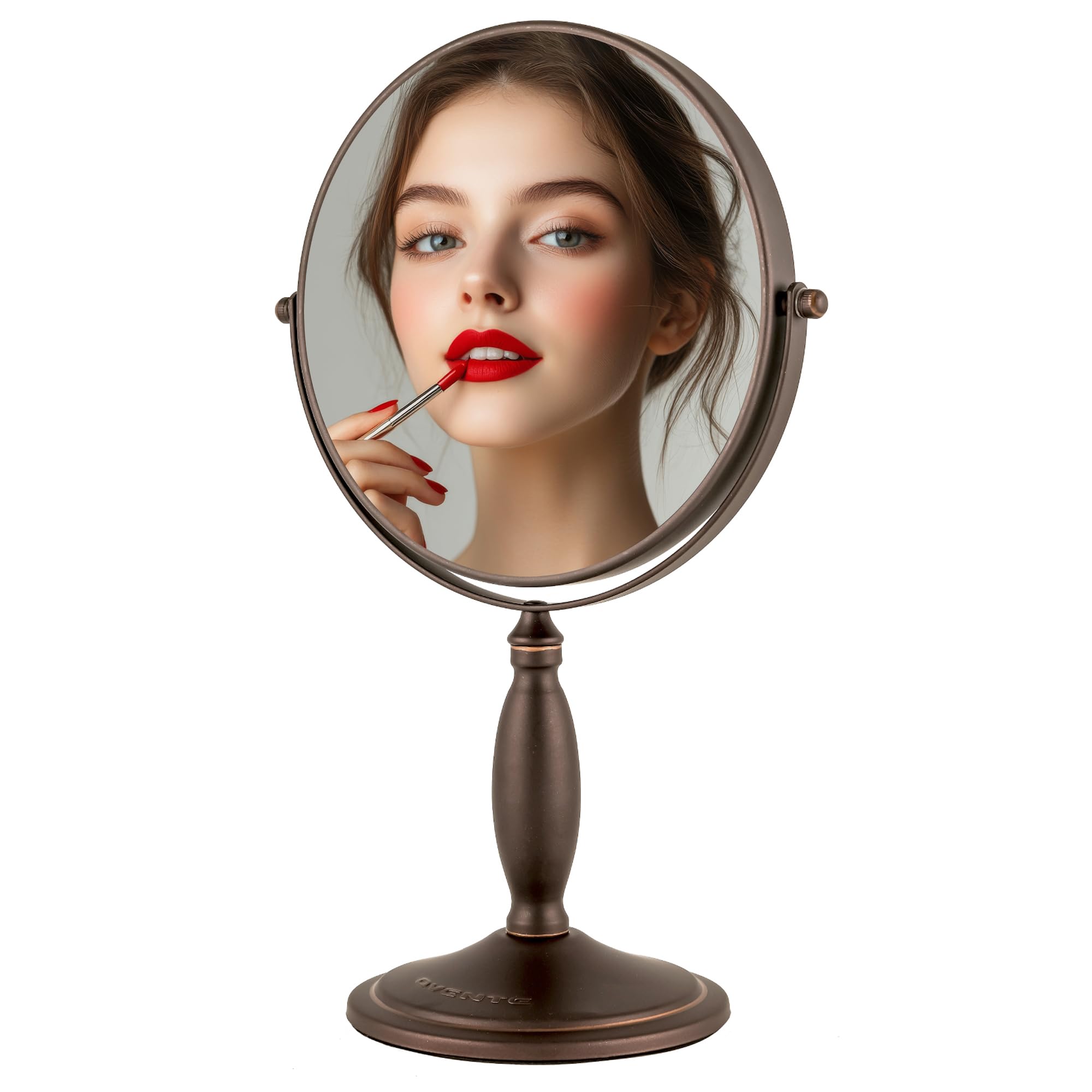 Ovente 8'' Tabletop Makeup Mirror, 1X & 7X Magnification, Adjustable Spinning Double Sided Round Magnifier, Modern D?Or For Offi