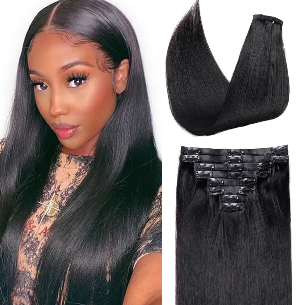 Pobokix Seamless Clip in Hair Extensions Real Human Hair Straight Brazilian Virgin Human Hair Clip in Extensions for Women 8Pcs 