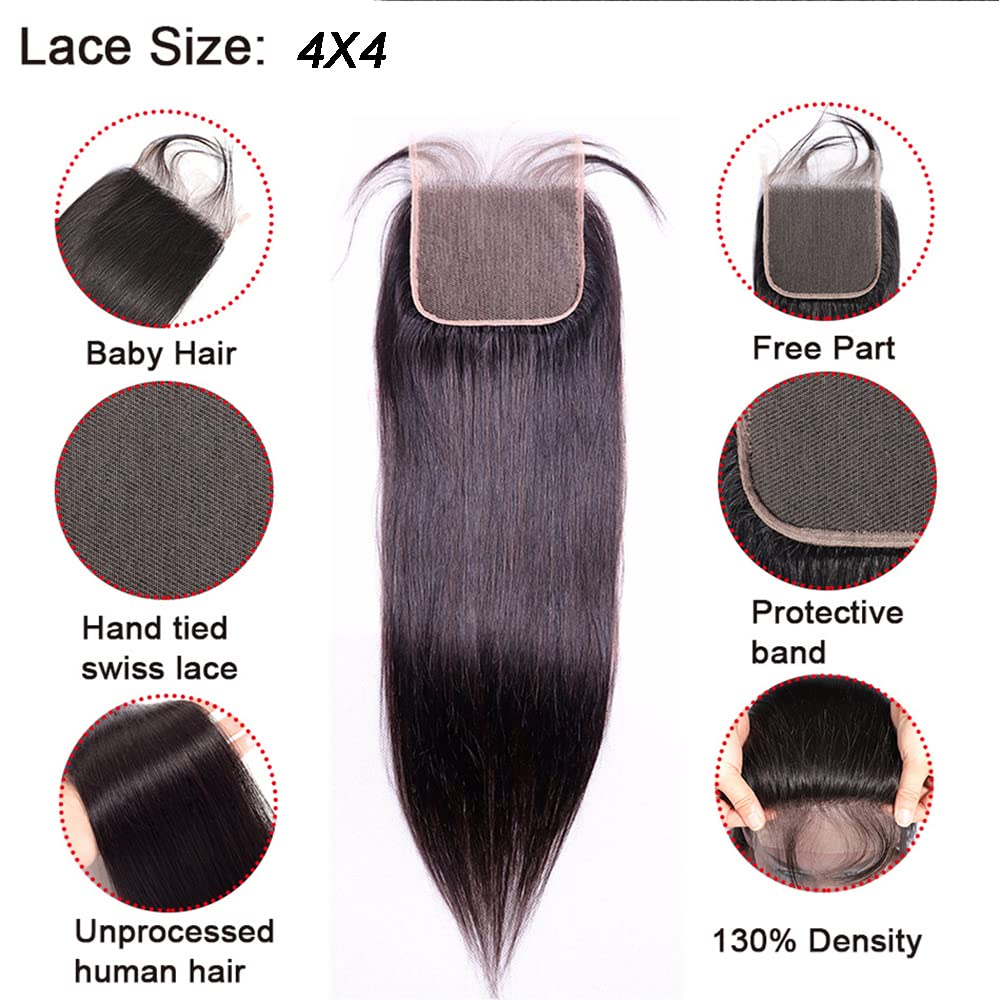 Isufer Straight Closure 4X4 Lace Closure Human Hair Pre Plucked 14 Inch With Baby Hair Bleached Knots Grade 12A Real Human Hair