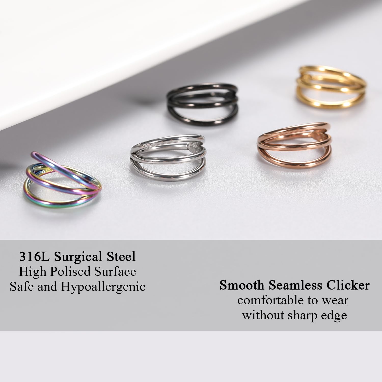 FUNLMO Septum Clicker Nose Rings Triple Double Open Stack Conch Daith Piercing Jewelry Cartilage Earring Hoop Surgical Steel Con