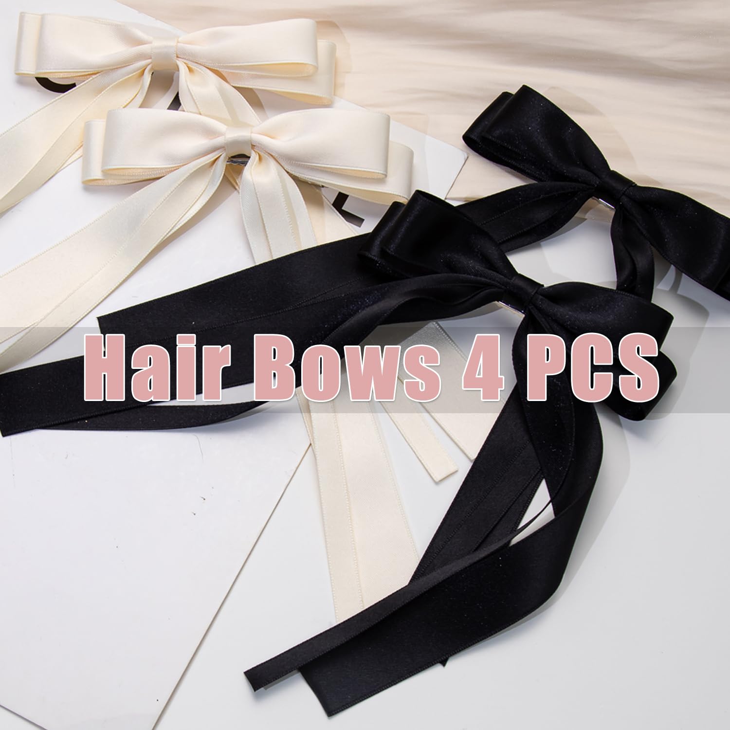 Oversized Long-Tail Cute Aesthetic Hair Accessories: 4 Pcs Ribbon Bows, Large Hair Barrettes, Big Bows For Girls (Beige, Black)