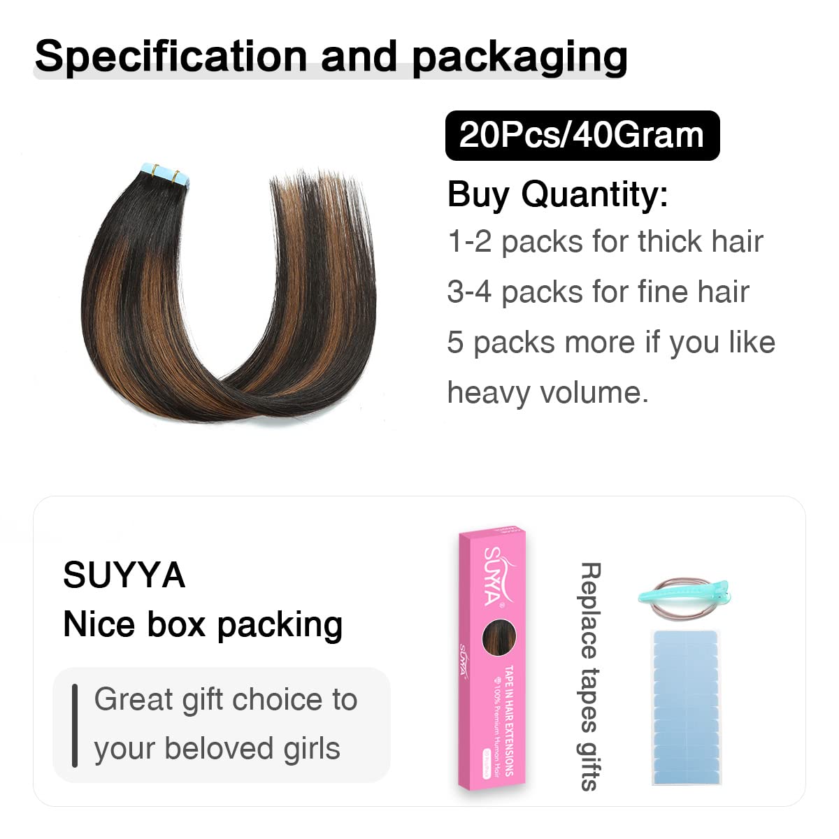 Suyya Tape In Hair Extensions Human Hair Balayage Natural Black To Chestnut Brown 12 Inch 40G/Pack 20Pcs Straight Seamless Skin