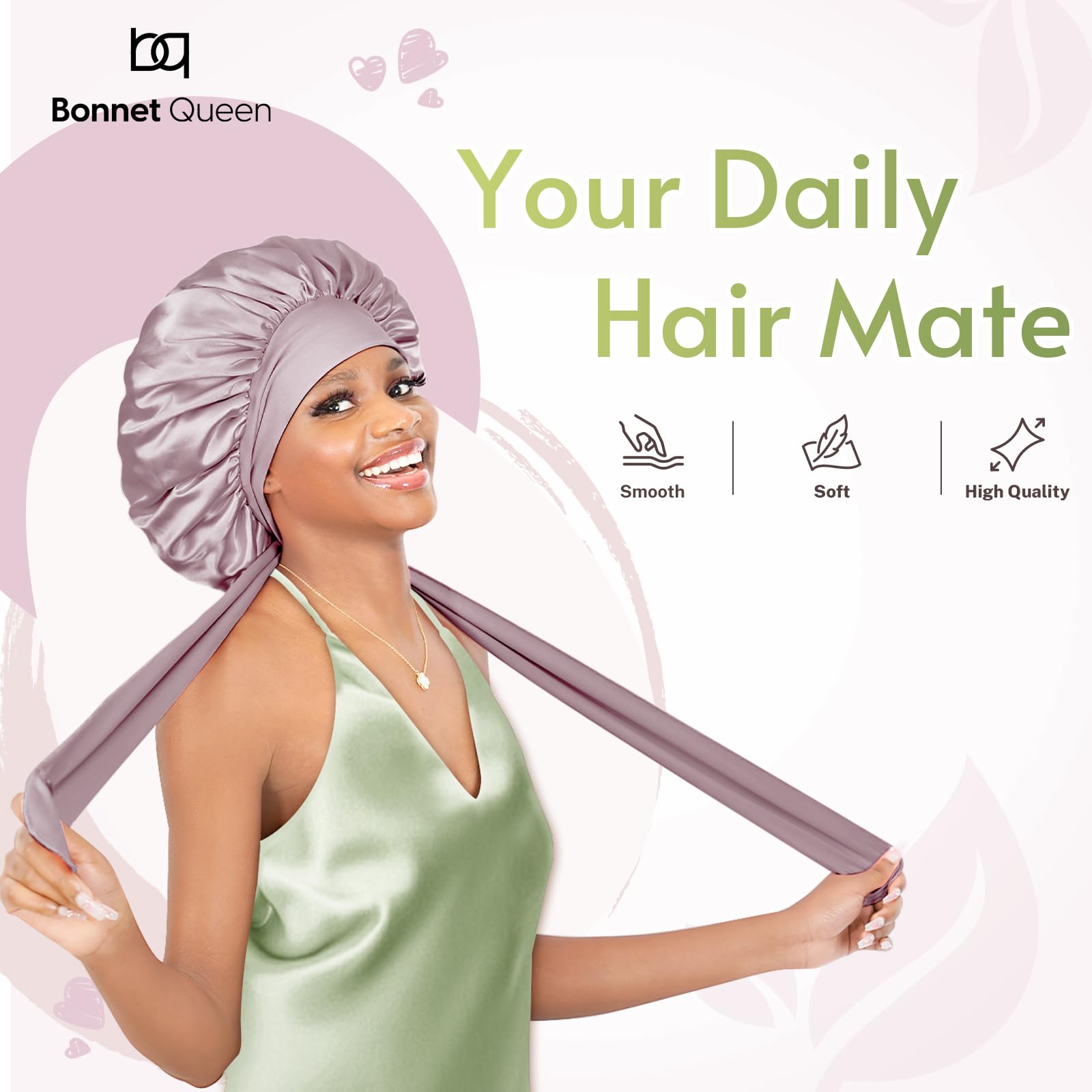 BONNET QUEEN Silk Bonnet for Sleeping Women Satin Bonnet Hair Bonnet Night Sleep Cap for Curly Hair with tie Band Lilac Grey
