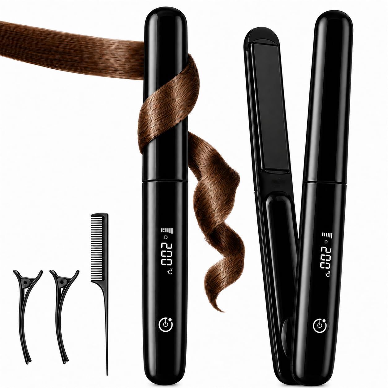 Cordless Hair Straightener Curler 2 in 1, Mini Portable Ceramic Flat Iron, 10s Fast Heating, 4500mAh & USBC Rechargeable Travel
