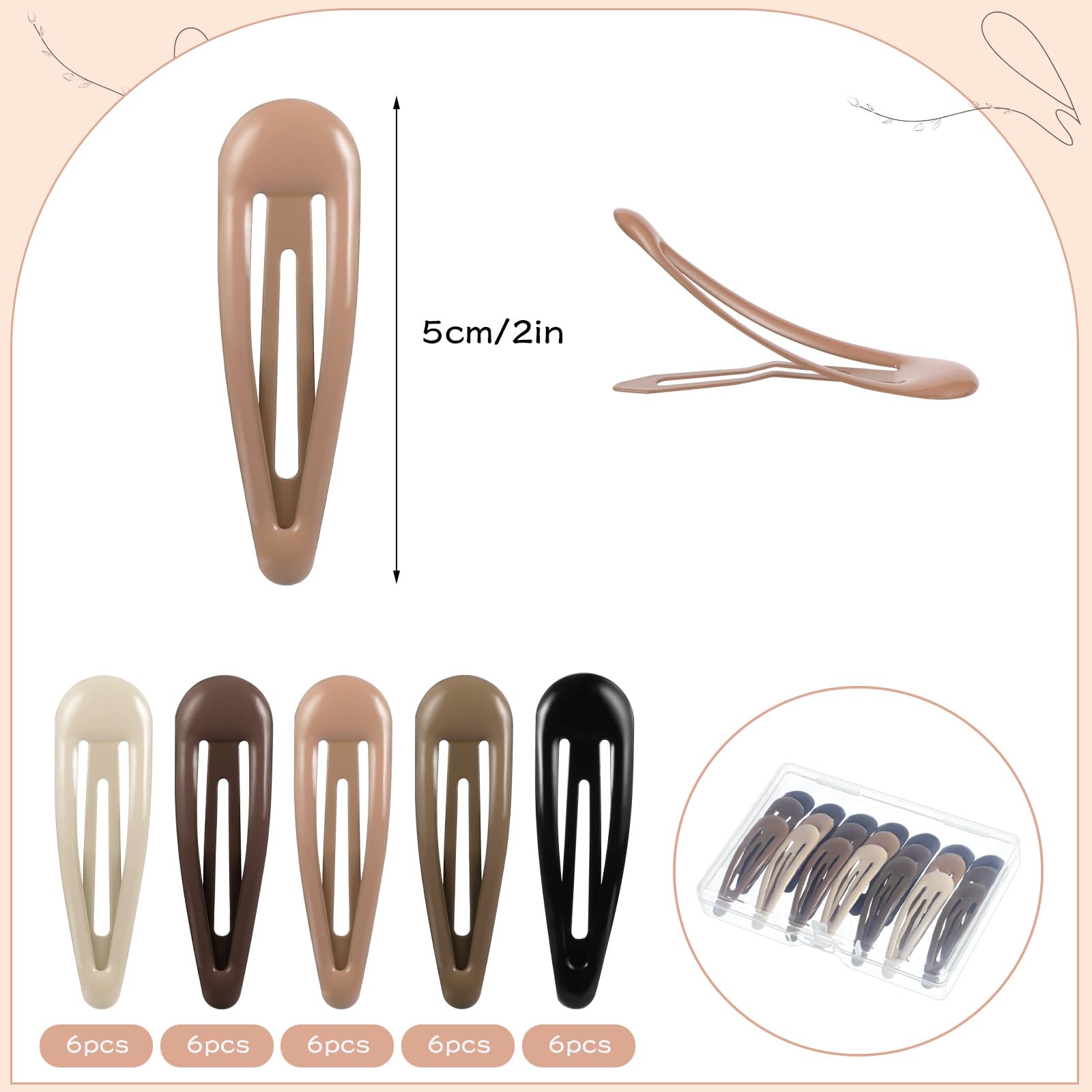 Obeoby 30 Pcs 5 Colors Metal Snap Hair Clips, 2 Inch Hair Barrettes Hair Accessories For Women Girls