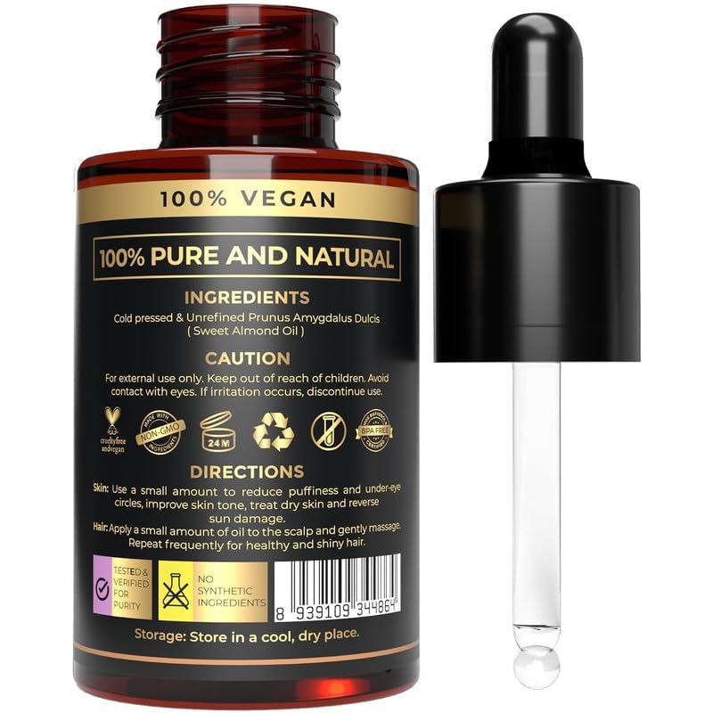 Usda Organic Sweet Almond Oil - Cold-Pressed, Pure & Natural - For Skin, Hair, Face & Body After Shower - Carrier For Essential