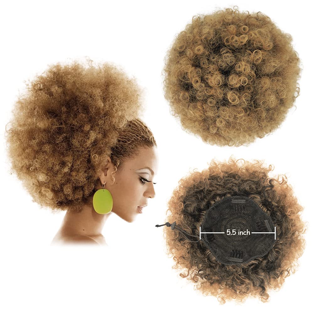 Yinmei Baibian Ombre Brown Kinky Curly Afro Puff Drawstring Ponytail Synthetic Bun Extensions Hairpieces Updo Hair With Two Clip