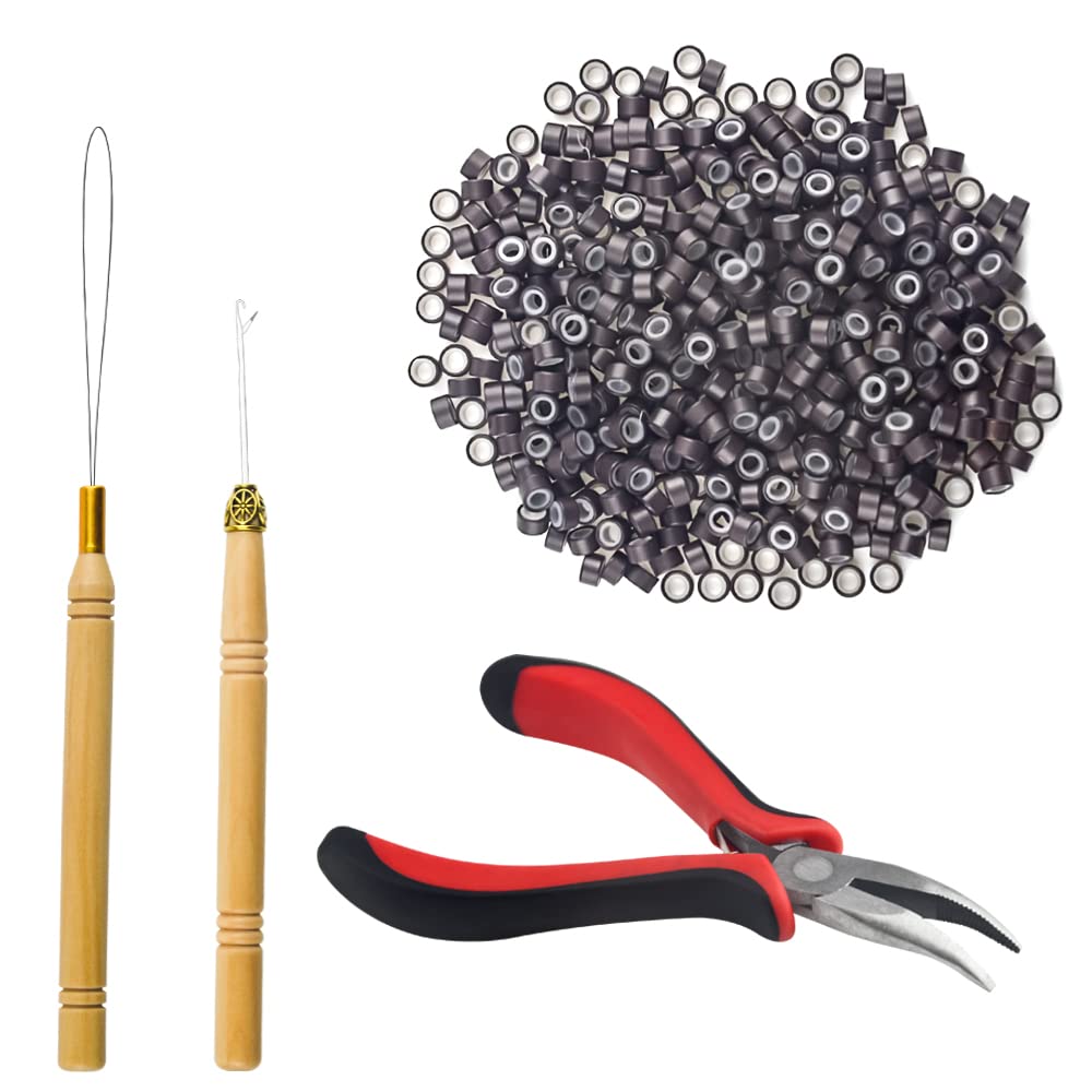 XINMEIWEN Hair Extension Kit Pulling Hook Bead Device Tool Kits and 500 Pieces Silicone Lined Micro Rings for Professional Hair 