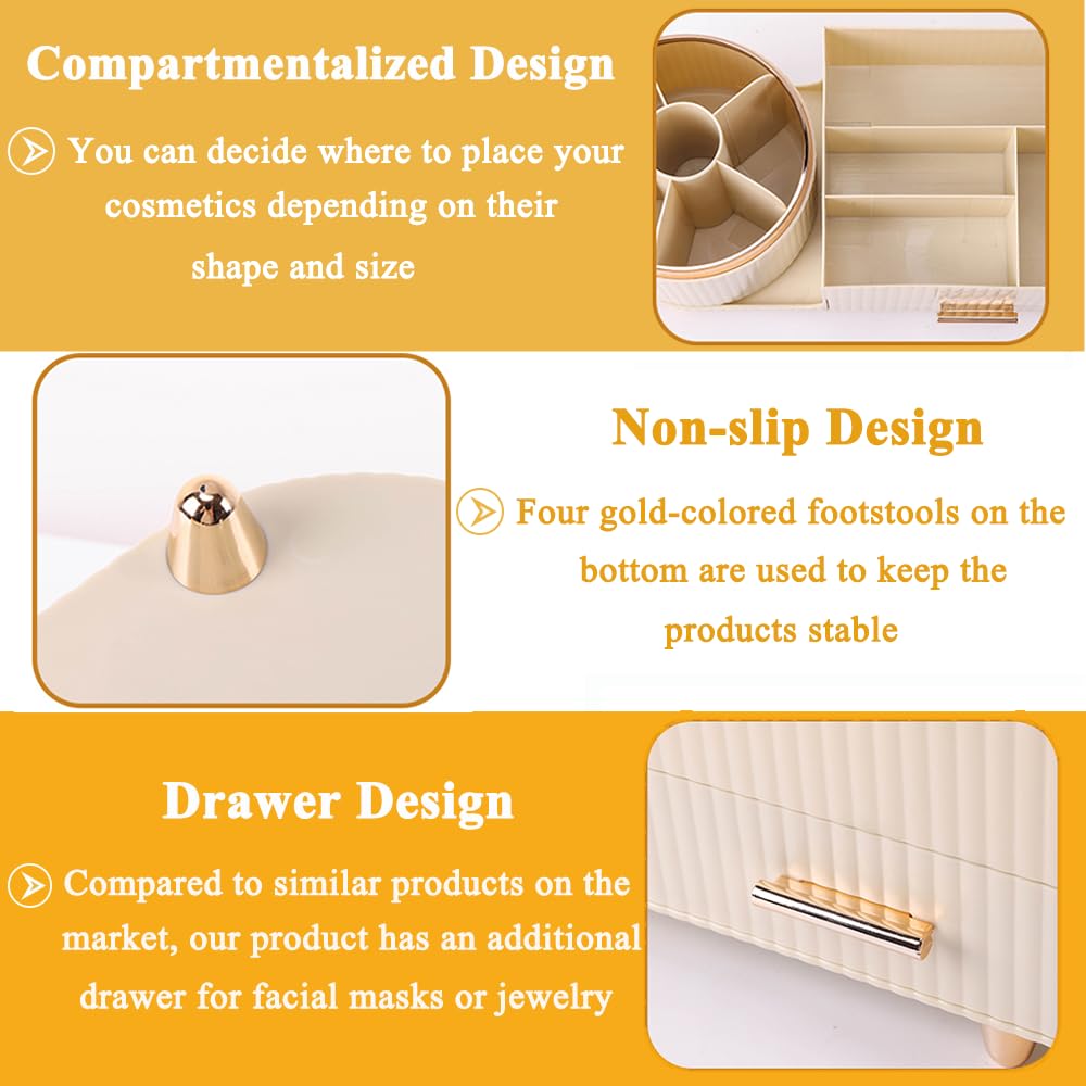 Zufudo Makeup Organizer Countertop with Drawers 360 Rotating Makeup Brush Holder Large Capacity Skincare Organizer for Vanity De