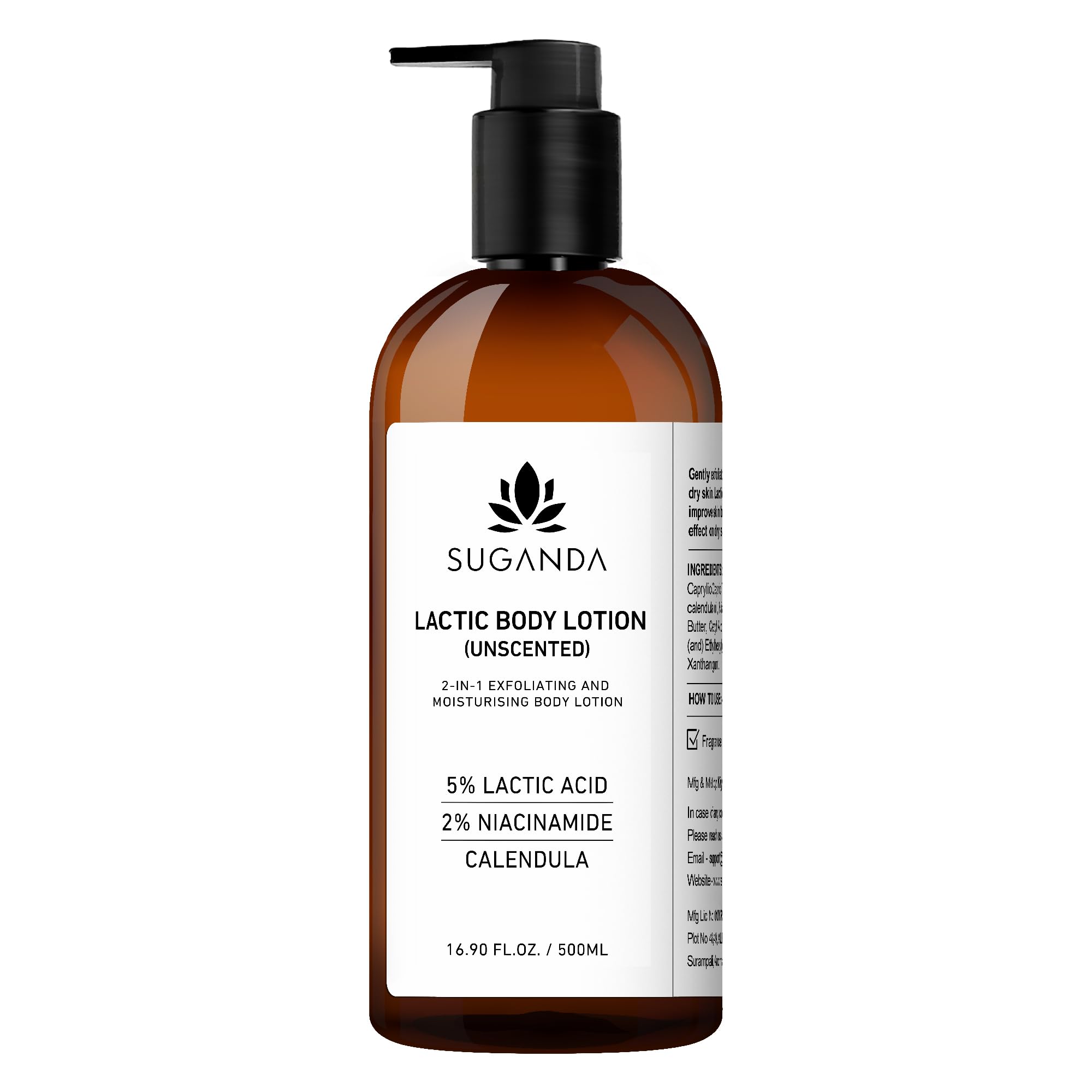 Suganda Skincare 5% Lactic Acid Unscented Exfoliating Body Lotion|Moisturizer With Niacinamide, Shea Butter & Calendula|For Stra