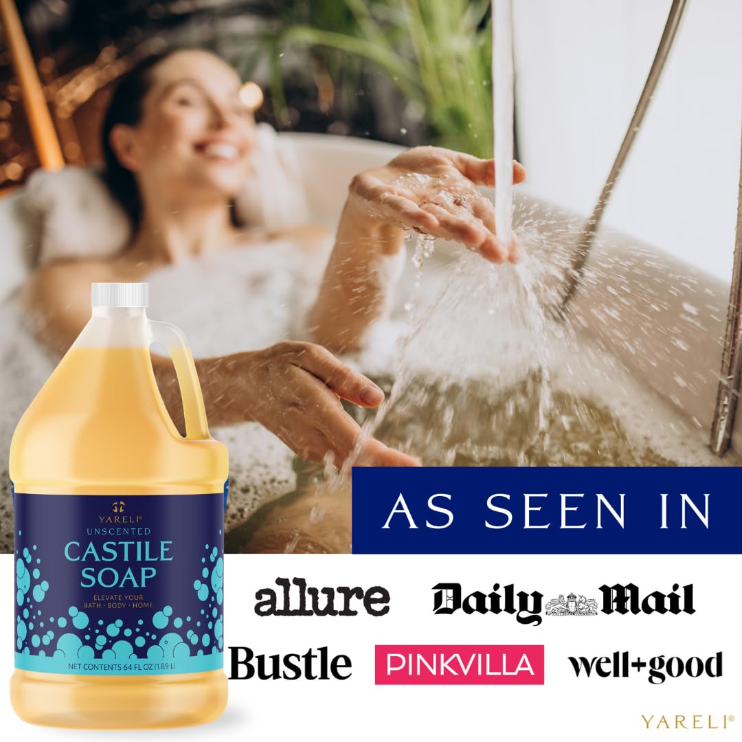 Yareli Pure Castile Liquid Soap, Unscented, With All Organic Oils For Adults, Kids And Babies For Bath, Body And Home, 64Oz