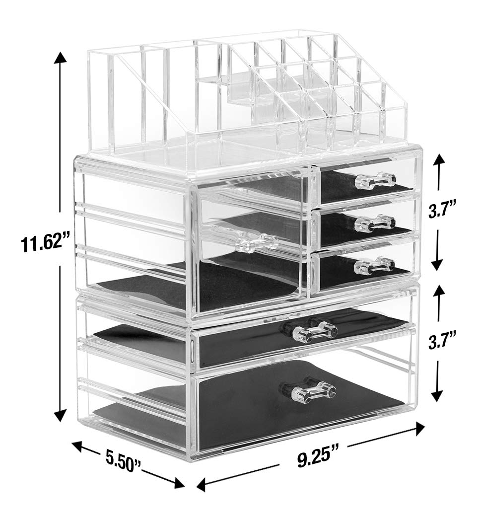 Sorbus Large Clear Makeup Organizer - Detachable 3-Piece Jewelry & Make Up Organizers And Storage Set - Spacious Cosmetic Displa