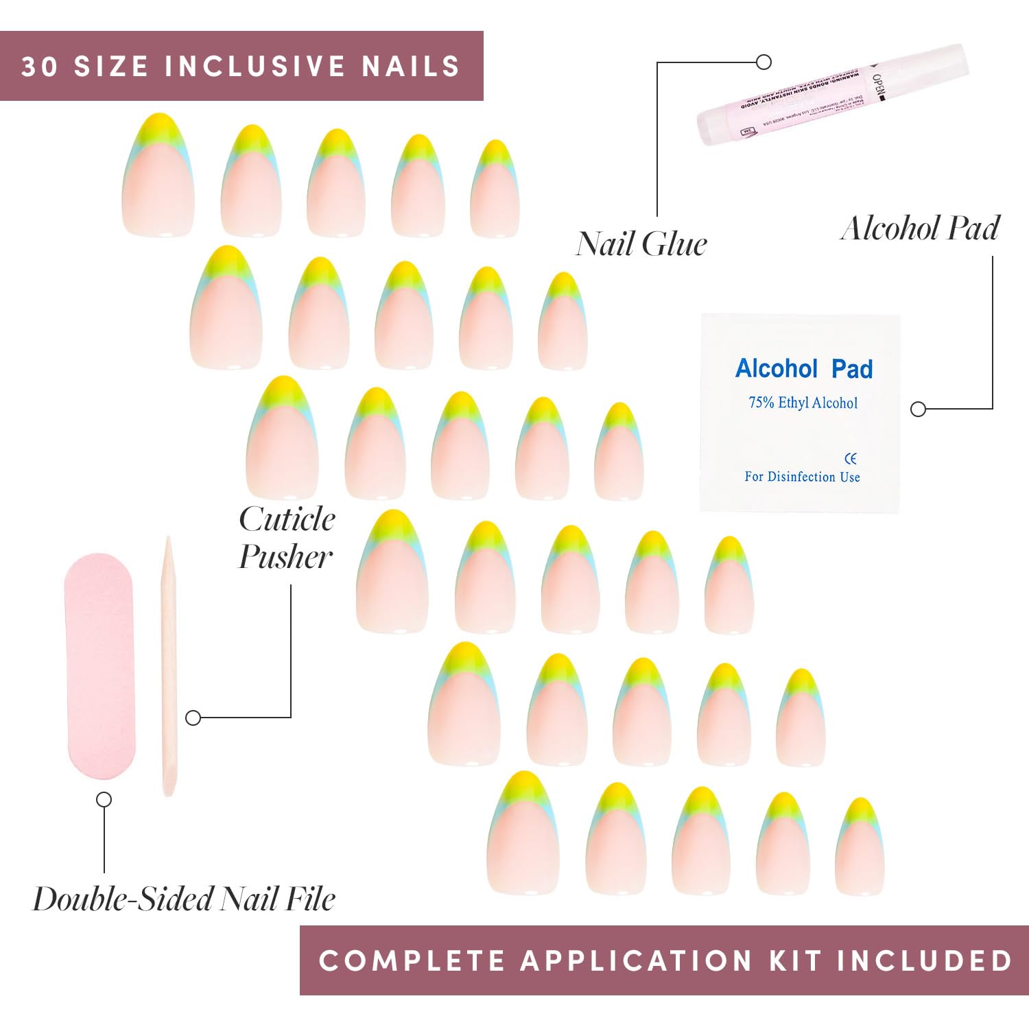 Glamnetic Press On Nails - St. Barths | Semi-Transparent Ombre French Tip Short Almond Nails, Reusable | 15 Sizes - 30 Nail Kit