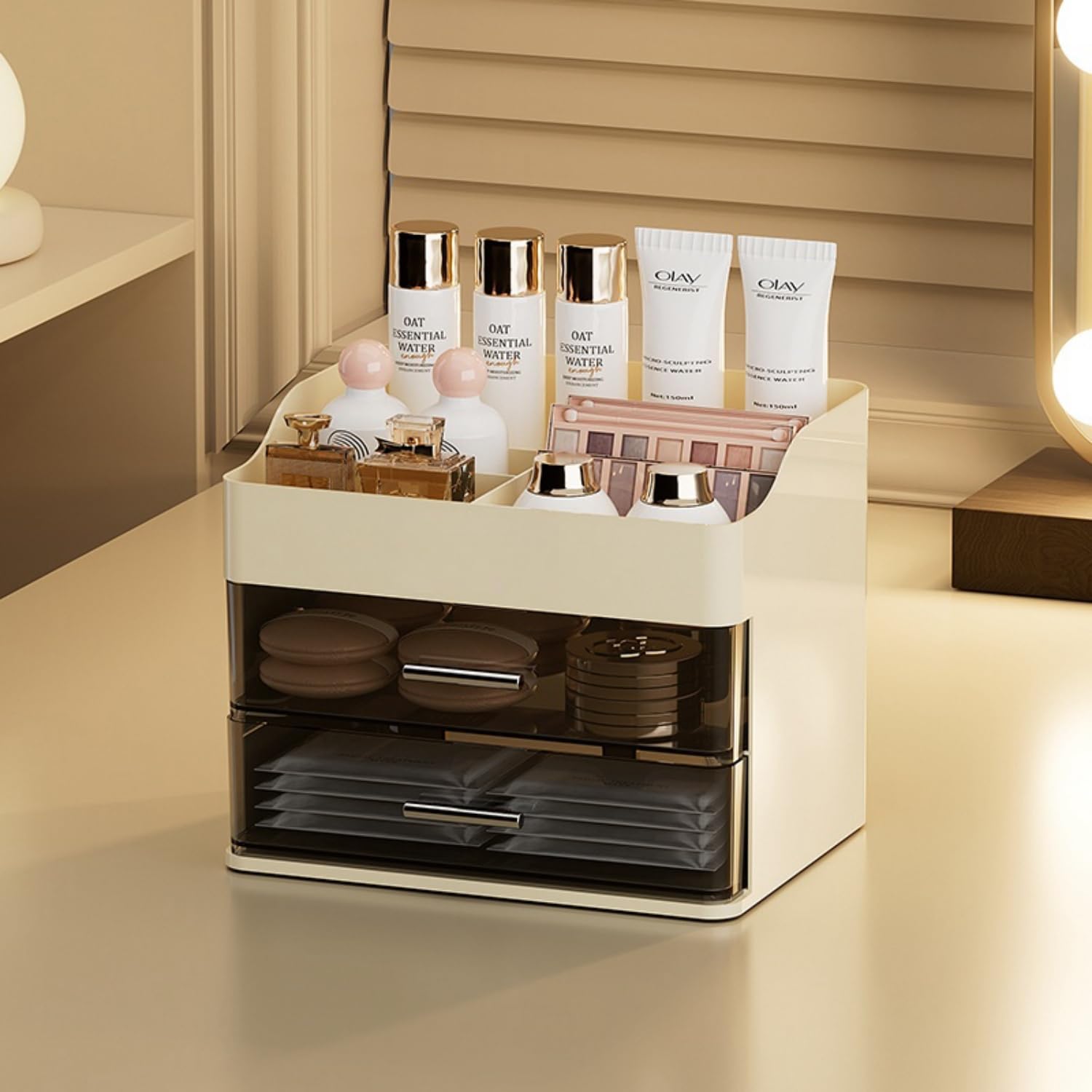 Makeup Organizer for Vanity,Vanity Organizer with 2 Drawers,Makeup&skincare Organizers Countertop,Cosmetic Display Case,Vanity S