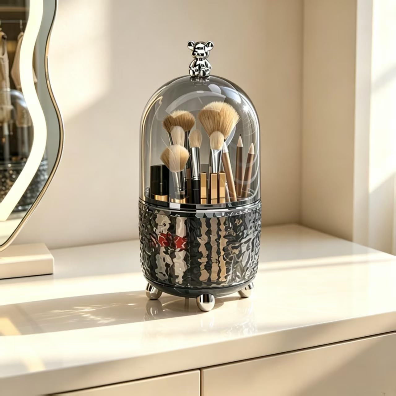 Dezzer Makeup Brush Holder with Lid, 360 Rotating Make Up Organizers with 6 Dividers, Dustproof Make up Brush Pencil Holder for 