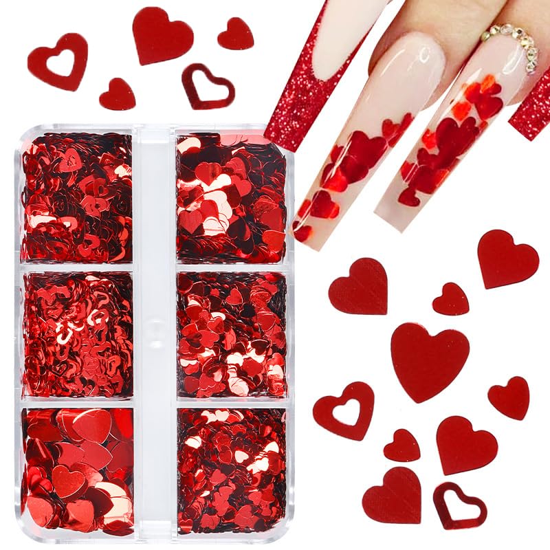 Valentines Day Nail Art Glitters Red Heart Shape Nail Sequins for Nail Art Holographic Hallow Heart Love Nail Decals Valentines 