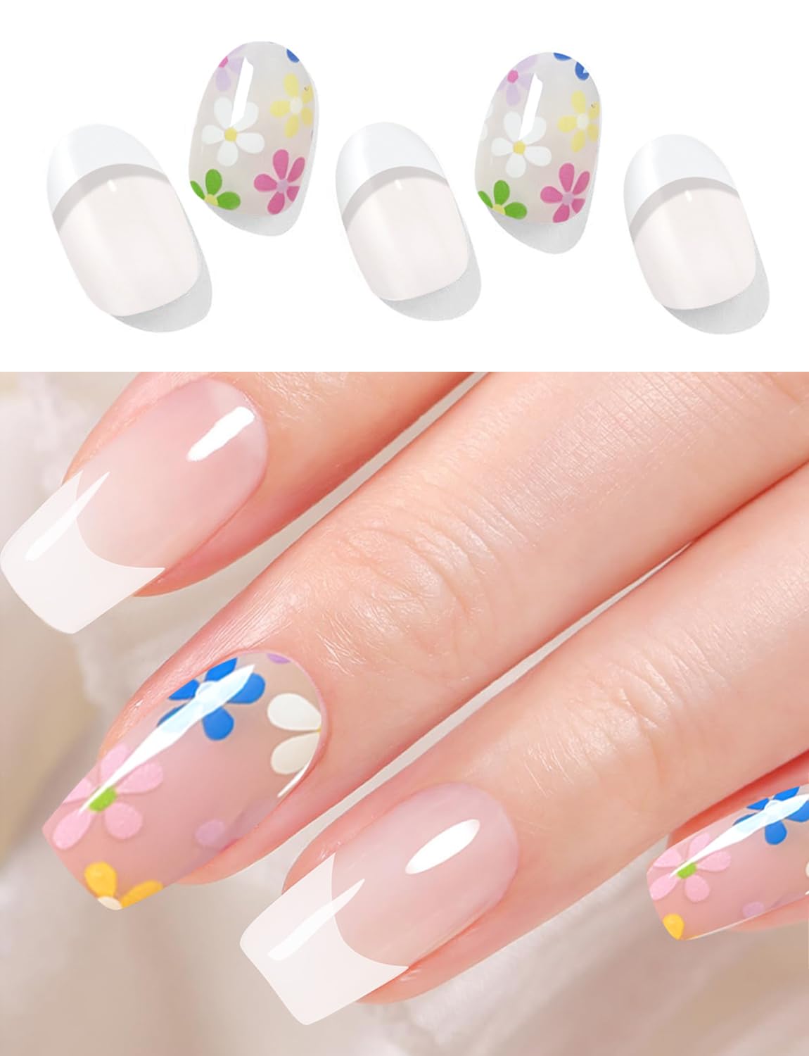Wahrshei Semi Cured Gel Nail Strips | 20pcs French Flower Gel Nail Stickers UV | Semi Cured Gel Nail Wraps for Home Nails DIY