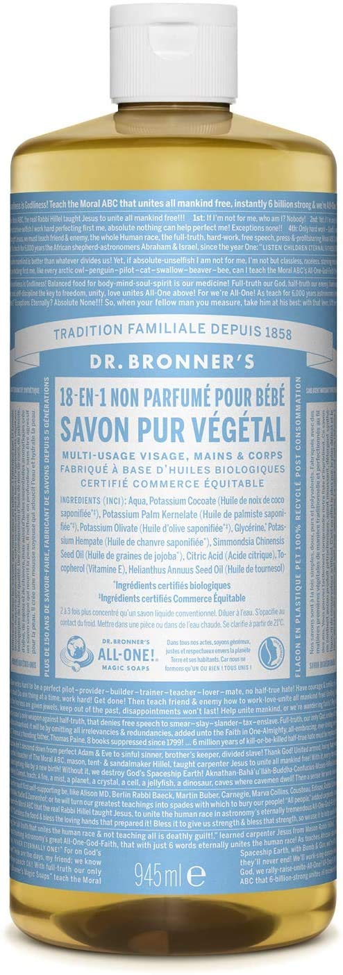 Dr. Bronner's - Pure-Castile Liquid Soap (Baby Unscented, 32 Ounce) - Made with Organic Oils, 18-in-1 Uses: Face, Hair, Laundry,