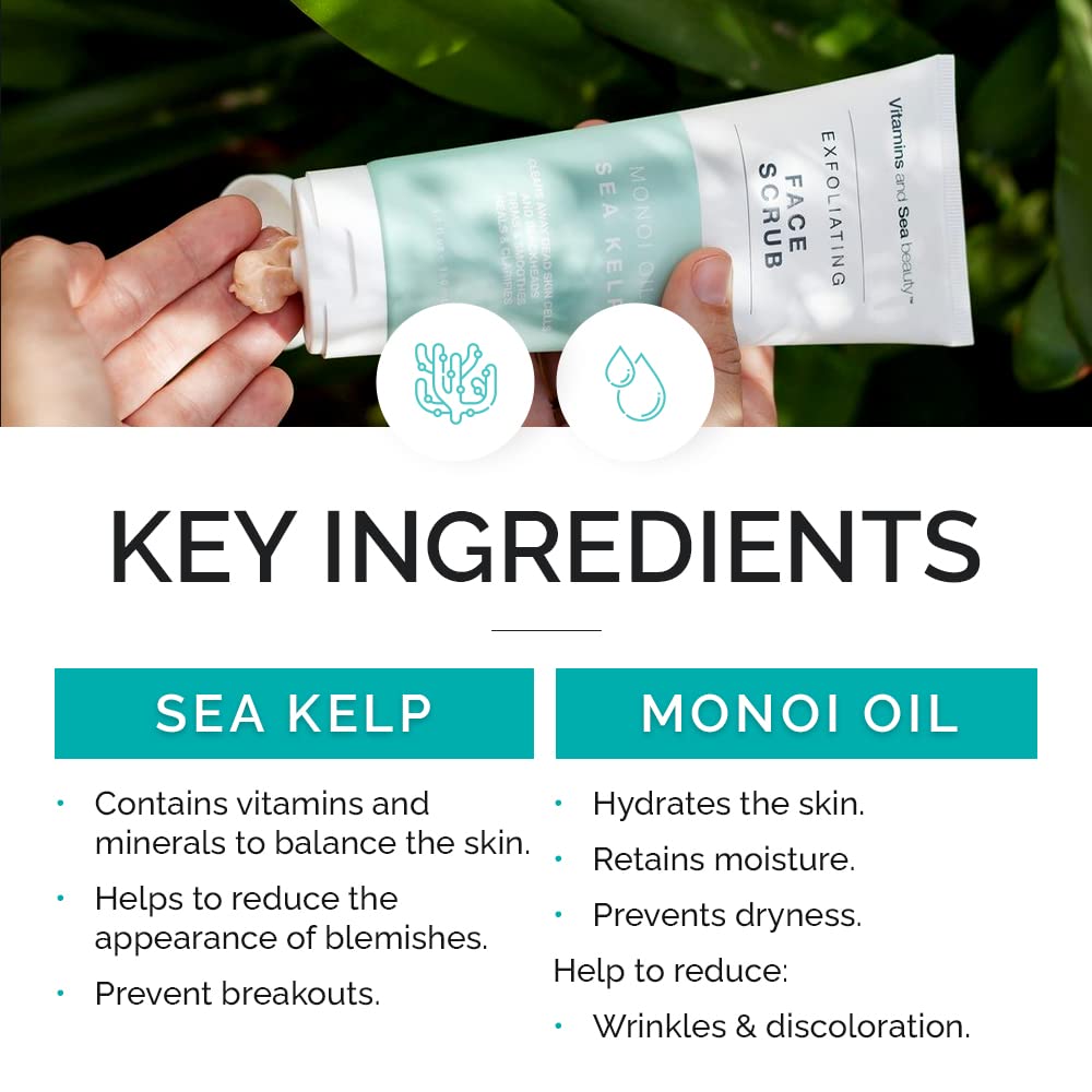 Vitamins And Sea Beauty, Hydrating Exfoliating Face Cleansing Wash Scrub, Deep Pore Cleanser With Monoi Oil And Sea Kelp Seaweed