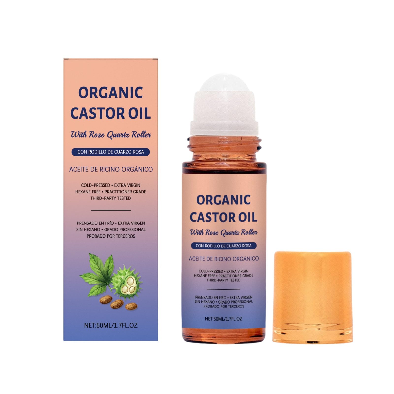 Organic Castor Oil with Rose Quartz Roller, 100% Pure Castor Oil Organic Cold Pressed for Face & Body, Hair Moisturizing Skin He